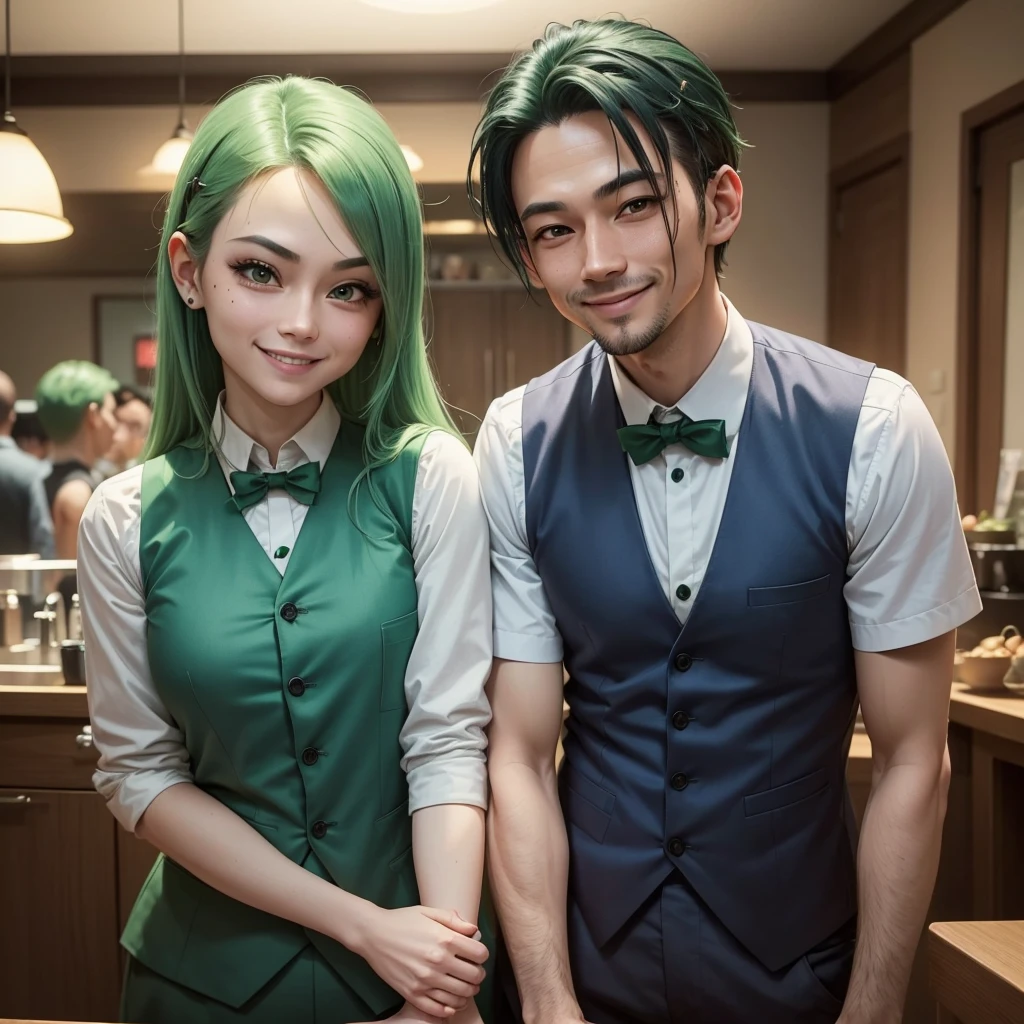 man,Age 35,Height 185,green hair,Neck length,I swipe right,Wear a blue shirt and vest.,Smiling, not seeing teeth.,Big eyes,China,Mole under left eye