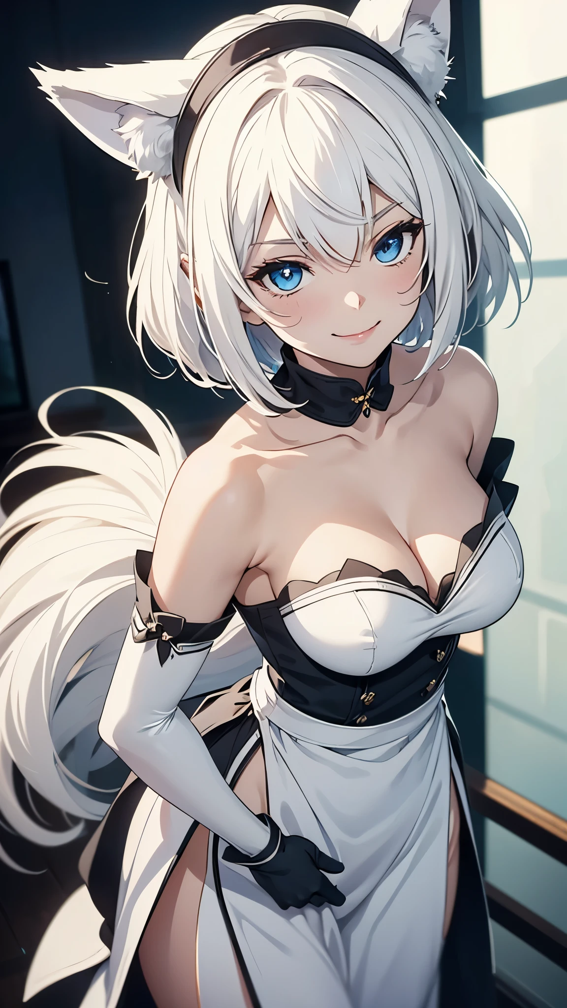 high resolution　Best image quality　8K　 Adult females　Anime style　White long gloves(Elbow gloves)　cuff　White maid outfit（Strapless）stocking　White wolf ears　short hair（（shortcut）（White hair）（Perm）（Fluffy））　blue eyes　Charming face（Smile）　Standing　Wave