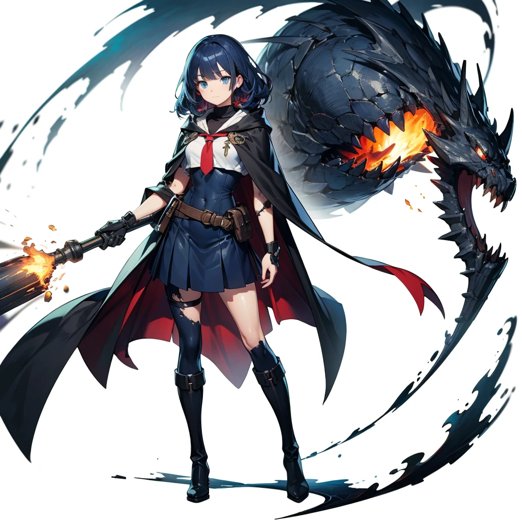 (Tabletop, Highest quality), (perfect athletic body: 1.2), (Thin Hair), Super Detailer, Anime Style, whole body, alone,Magical girl, Sea green twin hairstyles with blue eyes, Wearing a tattered black cloak and a black and red skirt, Wearing long boots, Burnt mechanical limbs, giant limbs, a burning hole in my chest, Standing in the Wilderness, 8K high resolution, White Background, whole body, Holding a giant magic wand in one hand, ((woman'Blue Water'Fist of))Bullish appearance