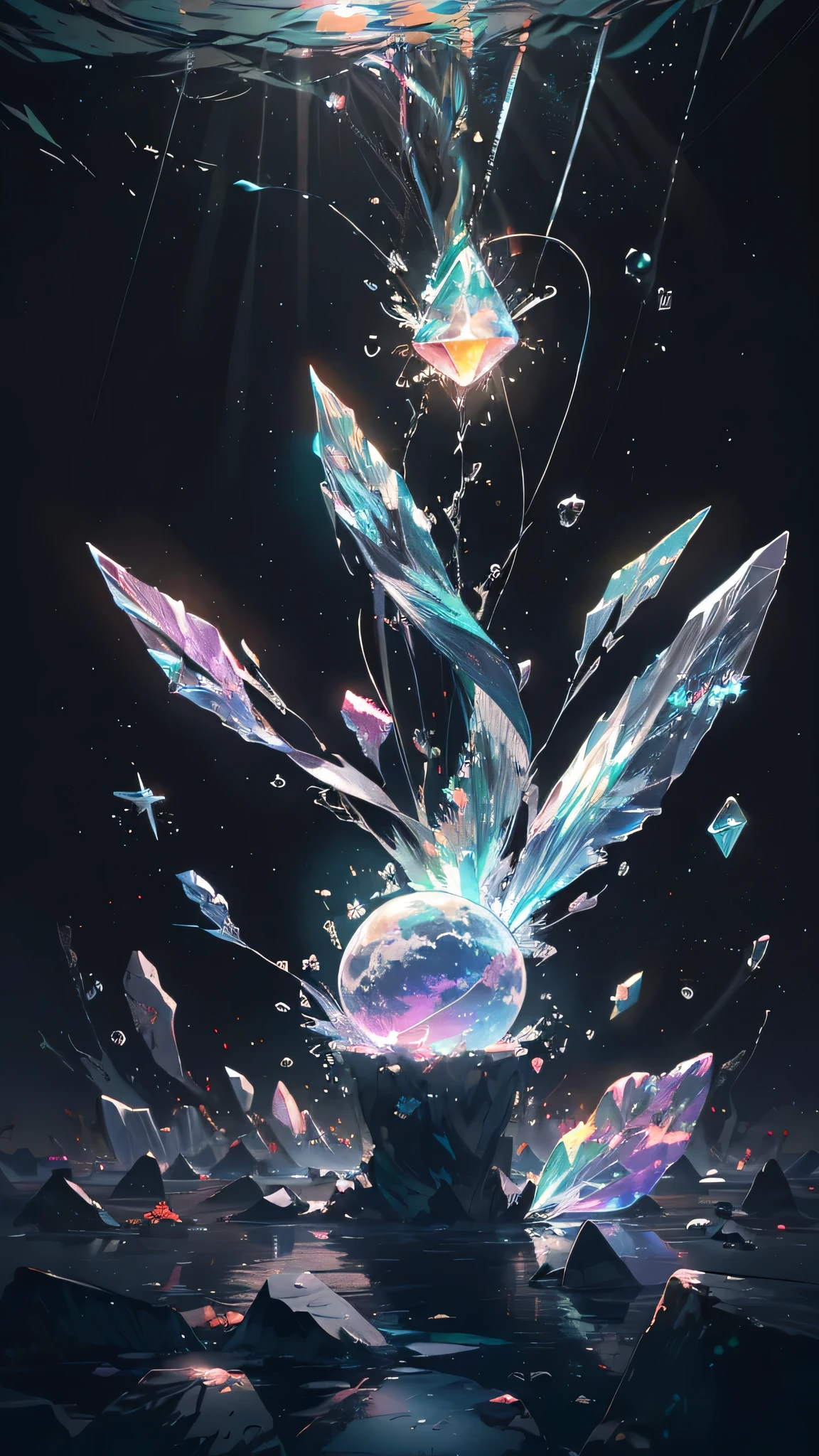 (Highest quality),(masterpiece),(Ultra-precision),((Detailed eye depiction:2.0)),(Lens flare:1.0),(Movie Posters:1.0),(Tarot card of frame:1.0),A centrally placed portrait,(Close-up:1.0),(Negative Space:1.6); (Floating colorful {wind|waterofmagic|ink|crystallization|ice|fire|inflammation|lightning|Spider's Web|rock|sand|particle|shine|Blood}:1.0),(Many of colorful {Soap bubble|cloud|thorn|Sharp protrusions|Vine|flow|Spiral|Halation|wing|Tattoo|CUBE|octahedron}:1.0),(Floating {red|green|green|aqua|purple|yellow|black|white|grey|pink|orange|lime} of {ribbon|wing|particle|Blade|water drops|雪ofcrystallization|Soft sphere}:1.0),({crystallization|ice|fire|inflammation|wind|water|land|stone|universe|music|sound wave|vortex} of {magic|wing}:1.0), ({Ray Tracing,shine|Sunlight filtering through the trees,light,Caustics|night,blackof theme|mysterious,Creepy|easygoing,pastel colour}:1.2), ({colorful|Rainbow colors|multicoloured}:1.0),(Beautiful and detailed shine:1.0)