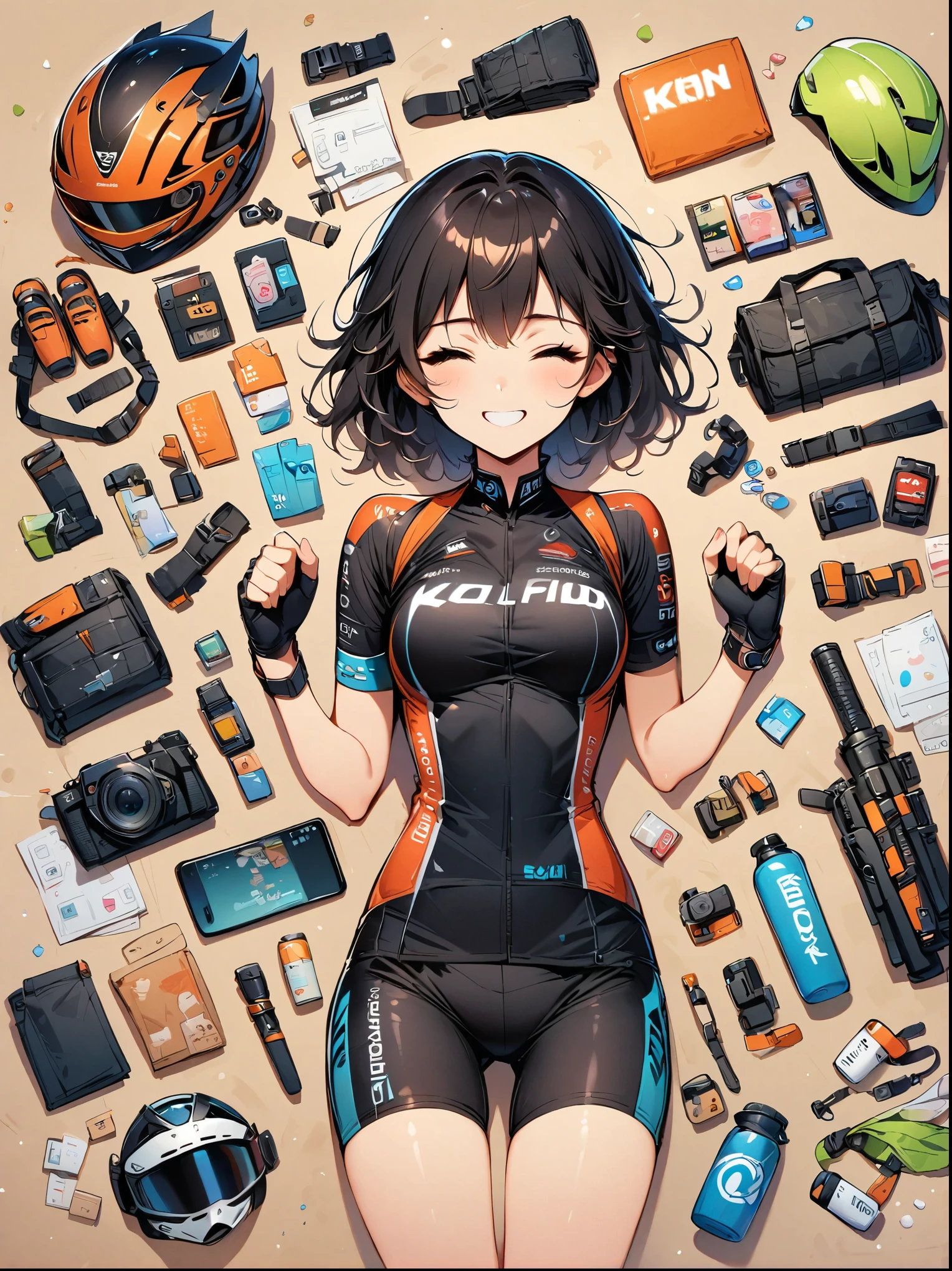 Asian face young girl,laughing expressin,Perfect body,road bike clothing,gear and
accessories,knolling layout organized on a table,person,knolling, Cartoon, Simple Background、