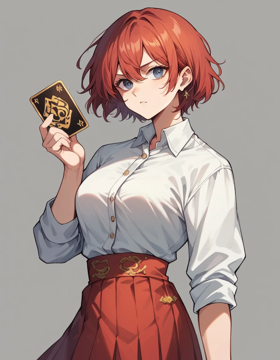 Anime girl with short red hair that reaches the nape of her neck. White shirt with gold embroidery and red skirt.., fierce blue eyes, There is 1 black card in the main character.'hand., standing in the dark, There's light shining down., The background is violent and powerful.