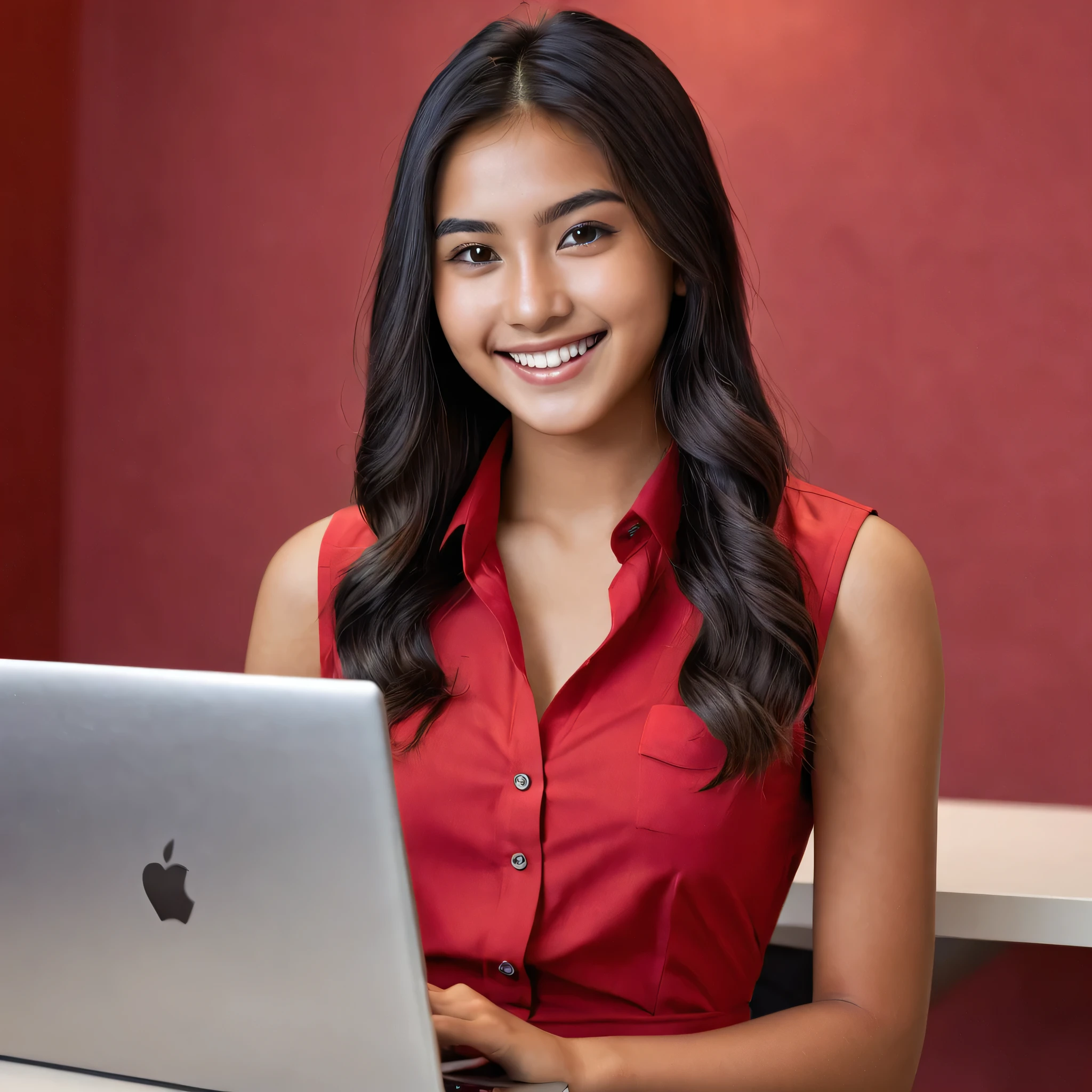 an 18-year-old (Indonesian:0.5)-(Spanish:1.5) girl, full smile, Long flowing Black Hair, Brown Eyes, Almond shaped Eyes, Heart shaped Face, Roman Nose, Olive Skin, detailed skin, no makeup, natural look, (blemish:0.8), imperfect skin, long legs, (tall figure:1.5), (athletic fit-muscled body:1.5), defined abs, large breasts, cleavage breasts, (1girl:1.9), (18-year-old:1.9), (red business shirt-dress:1.9), cinematic shot in 8k HDR, emphasizing elegance and professionalism, (sitting using a laptop:1.5), happy expression, (office setting, red wall:1.2), desk, chair, natural lighting, photorealistic, (best quality,4k,8k,highres,masterpiece:1.2),ultra-detailed,(realistic,photorealistic,photo-realistic:1.37),HDR,UHD,studio lighting,ultra-fine painting,physically-based rendering,extreme detail description,professional,vivid colors,bokeh,digital art, (sharp focus:1.9).