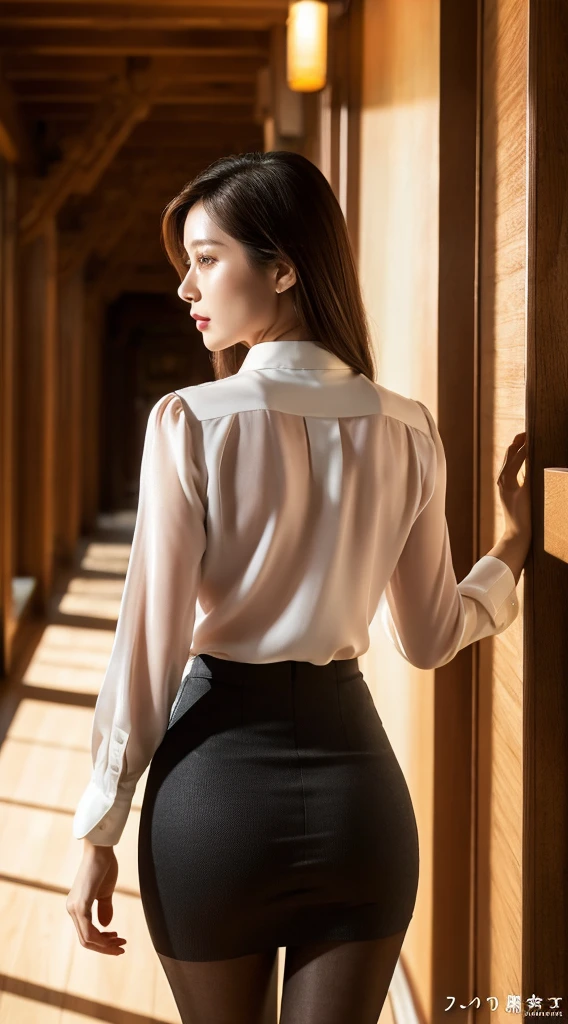 masterpiece, best quality, 8k, absurdres, beautiful girl, pretty face, (white dress shirt, long sleeve, back shot:1.2), cowboy shot, street, (dark grey pencil skirt:1.4), black short hair, (Yeongdeok, Yonezawa:1.2), slender, from below, perspective, depth of field, HDR, facelight, cinematic lighting, professional lighting, sharp focus, highres, photography, realistic, highest detailed, extreme detailed, ultra detailed, finely detail, real skin, detailed skin and eyes and face