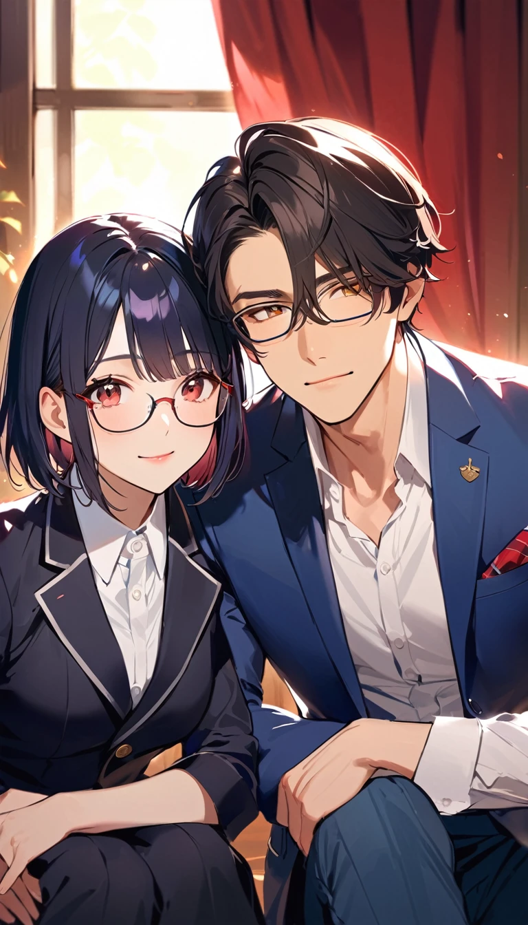 18 years old, A high school girl and a handsome boy are sitting next to each other, she have black short bob hair, Glasses,Red ribbon,wearing a navy blazer BREAK he is a handsome boy, Black Hair, Short Hair,Glasses, blazer,