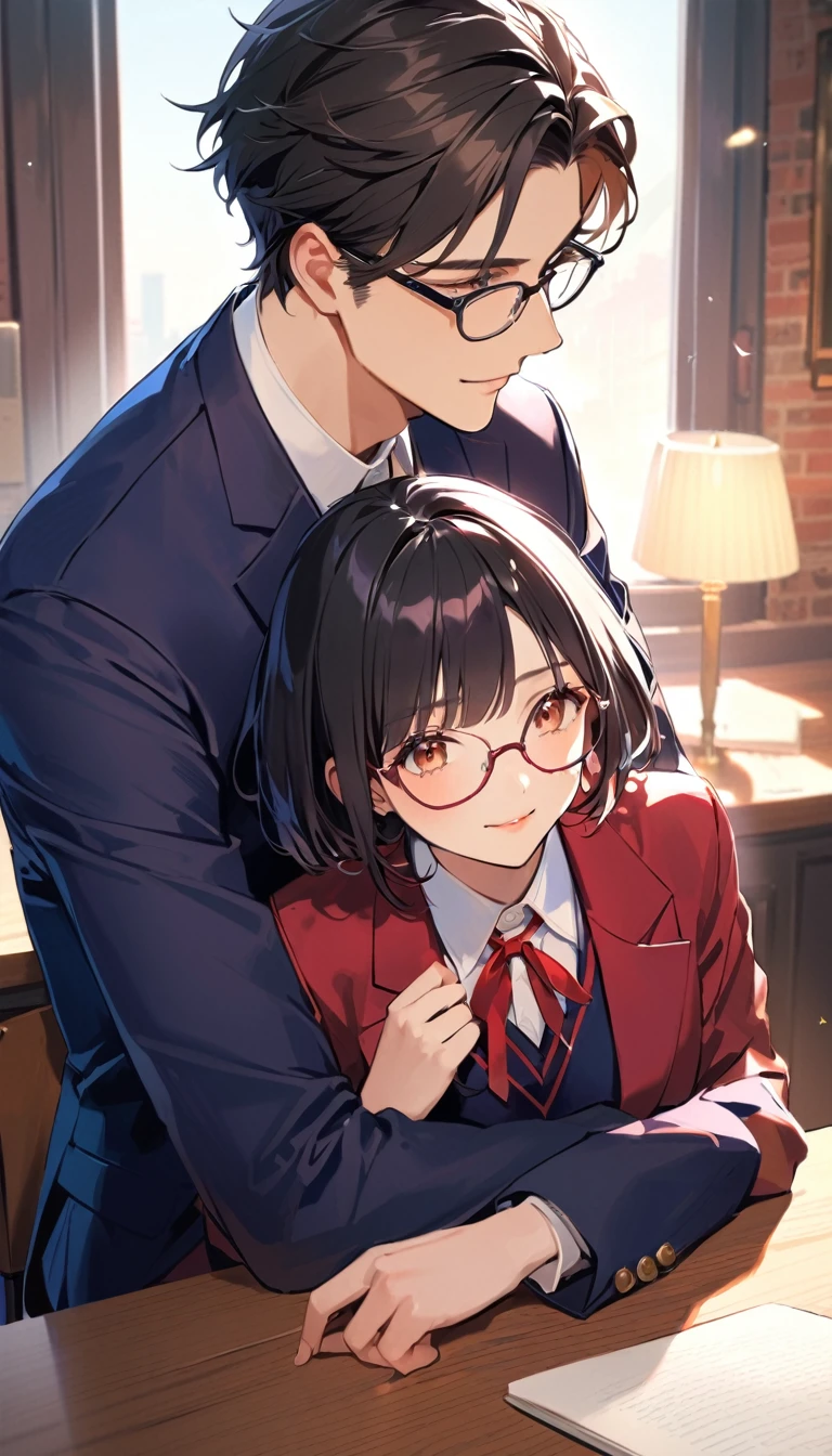 18 years old, A high school girl and a handsome boy are sitting next to each other, she have black short bob hair, Glasses,Red ribbon,wearing a navy blazer BREAK he is a handsome boy, Black Hair, Short Hair,Glasses, blazer,