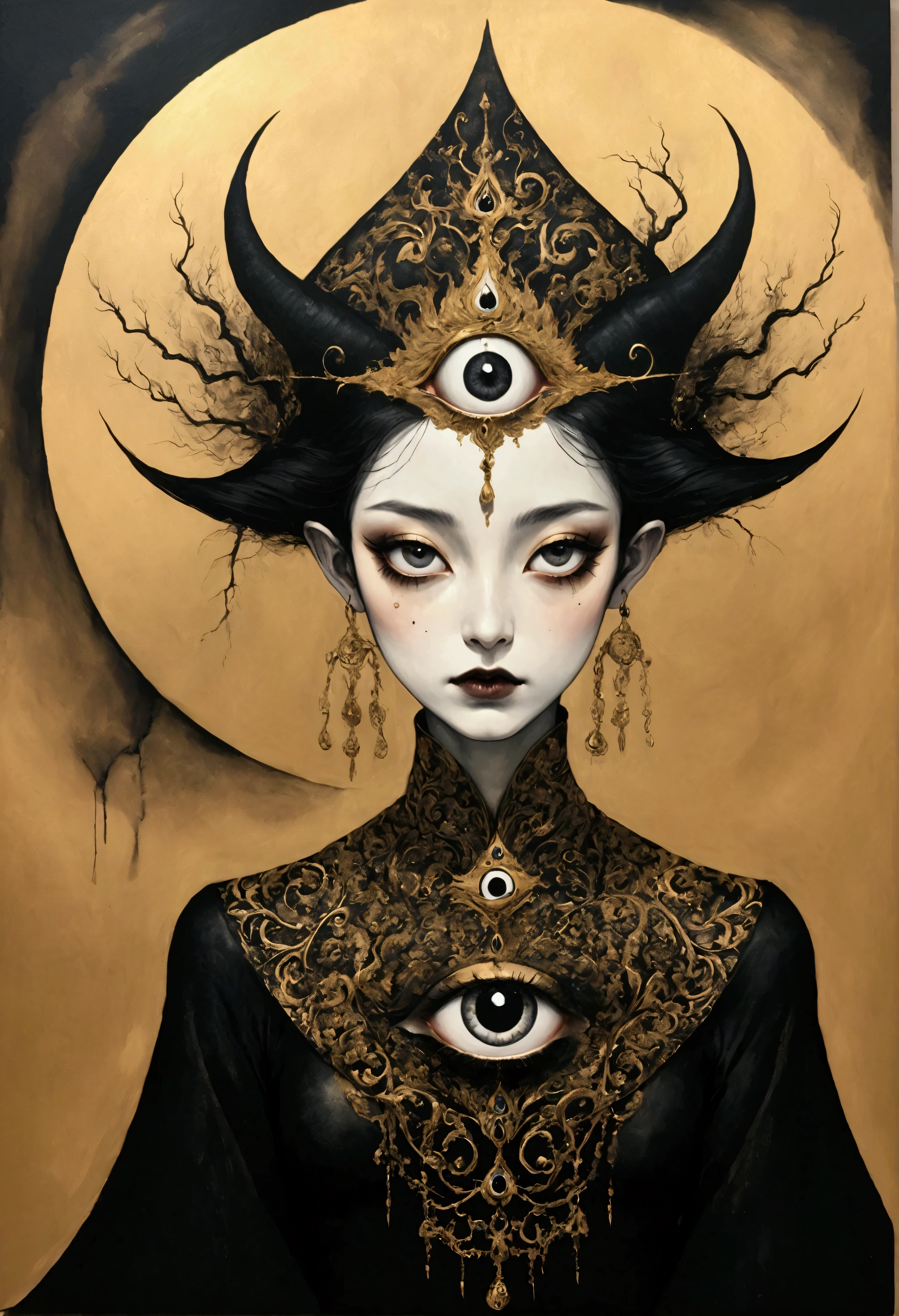 Medieval ink painting，Third Eye Vision。3d，Dark eyeshadow，whole body，Wide Angle，black and gold