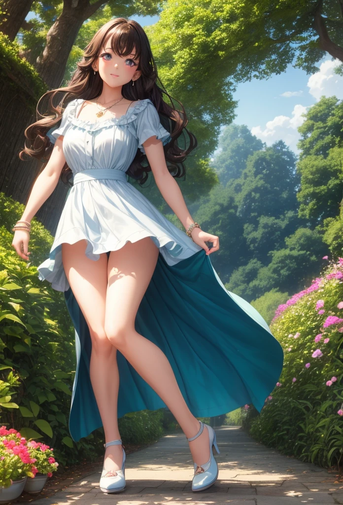 A beautiful girl walking in a garden while contemplating the flowers, anime girl, (20 year old girl:1.3), beautiful garden full of flowers and trees, blue sky with white clouds, butterflies around, cute elegant dress, short sleeves, shows shoulders, heels, jewelry, (earrings, necklace, bracelet), big round breasts, dark brown hair, french braid, long hair, ponytail, wavy hair, swept bangs, shiny hair, hairclip, hair ribbon, aqua eyes, glowing eyes, pupils sparkling, light smile, blush, happy, red lips, detailed face, slim waist, shapely legs, beautiful thighs, perfect body, princess dress, anime CG style, high definition, natural light, high detail, anime, dithering, from behind, three quarter view, image fill, perspective, Wide-Angle, f/1.8, 85mm, Sony FE GM, 8k, 8k wallpaper, super detail, highly detailed CG, UHD, retina, masterpiece, accurate, anatomically correct, textured skin, highres, best quality:1.3, 16k