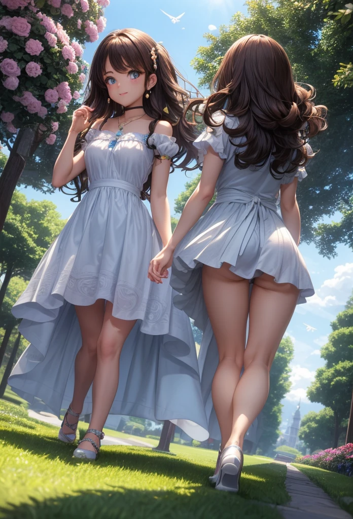 A beautiful girl walking in a garden while contemplating the flowers, anime girl, (20 year old girl:1.3), beautiful garden full of flowers and trees, blue sky with white clouds, butterflies around, cute elegant dress, short sleeves, shows shoulders, heels, jewelry, (earrings, necklace, bracelet), big round breasts, dark brown hair, french braid, long hair, ponytail, wavy hair, swept bangs, shiny hair, hairclip, hair ribbon, aqua eyes, glowing eyes, pupils sparkling, light smile, blush, happy, red lips, detailed face, slim waist, shapely legs, beautiful thighs, perfect body, princess dress, anime CG style, high definition, natural light, high detail, anime, dithering, from behind, three quarter view, image fill, perspective, Wide-Angle, f/1.8, 85mm, Sony FE GM, 8k, 8k wallpaper, super detail, highly detailed CG, UHD, retina, masterpiece, accurate, anatomically correct, textured skin, highres, best quality:1.3, 16k