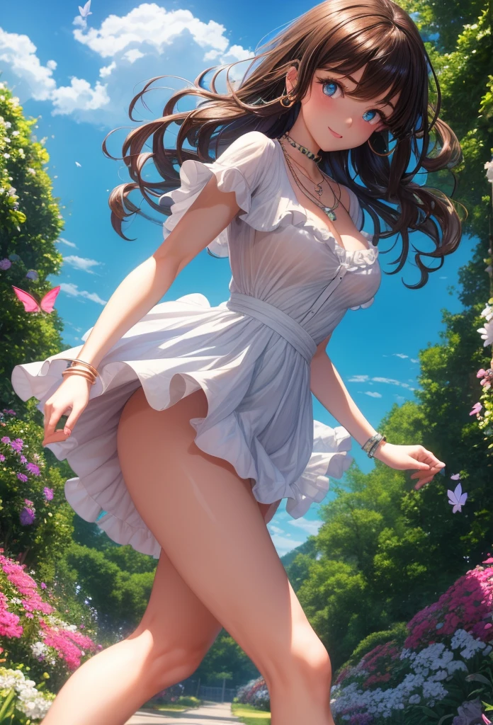 A beautiful girl walking in a garden while contemplating the flowers, anime girl, (20 year old girl:1.3), beautiful garden full of flowers and trees, blue sky with white clouds, butterflies around, cute elegant dress, short sleeves, shows shoulders, heels, jewelry, (earrings, necklace, bracelet), big round breasts, dark brown hair, french braid, long hair, ponytail, wavy hair, swept bangs, shiny hair, hairclip, hair ribbon, aqua eyes, glowing eyes, pupils sparkling, light smile, blush, happy, red lips, detailed face, slim waist, shapely legs, beautiful thighs, perfect body, princess dress, anime CG style, high definition, natural light, high detail, anime, dithering, from behind, three quarter view, image fill, perspective, Wide-Angle, f/1.8, 85mm, Sony FE GM, 8k, 8k wallpaper, super detail, highly detailed CG, UHD, retina, masterpiece, accurate, anatomically correct, textured skin, highres, best quality:1.3, 16k