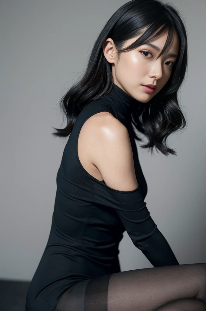 上流階級の黒いdressを着た女性の接写, Black dress, 彼女は黒いdressを着ています, (Ultra-realistic pantyhose)、ベルト付きブラックdress, 開いたdress, エレガントなdress, 黒いdressを着て, セクシーなdress, 黒いdressを着ている, Gombi, スタイリッシュなdress, dress, Elegant asymmetry, 