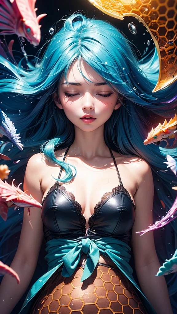 masterpiece,best quality,1girl,closed eyes,upper body,splashing,abstract,psychedelic,neon,(honeycomb pattern),(creative:1.3),sy3,SMM,fantasy00d,
