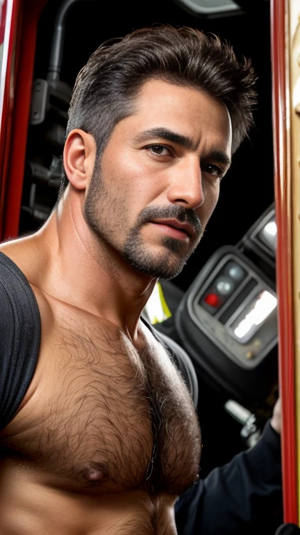 masterpiece, best quality, high resolution, closeup portrait, male focus, solo focus, A man, 50 years old, with firefighter uniform, firefighter suit, firefighter, silver grey hair, messy hairstyle, cute and seductive face, bare chest, body hair, facial hair, roman nose, very skinny body, hairy legs, dimples, beard, bold jawline , in the background a fire station, his perfect big monster penis is coming out, masterpiece, below, amazing composition, front view, HDR, ultra quality, elegant, highly detailed