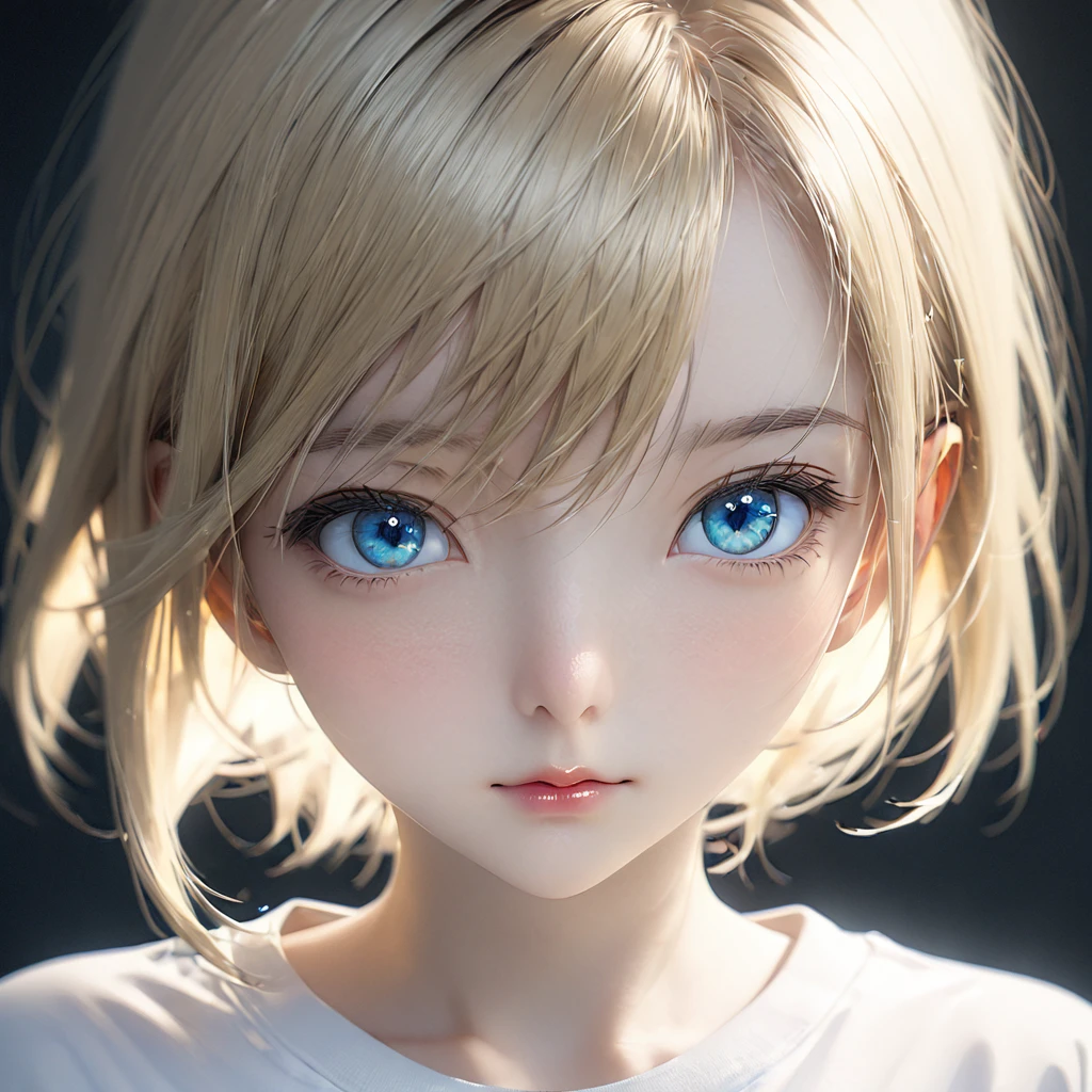 portrait, Practical, blue eyes, Blonde hair, Mid-chest, 4K resolution, Soft Light, Octane Rendering, white t-shirt, front, direct gaze, frontal view, straight angle shot