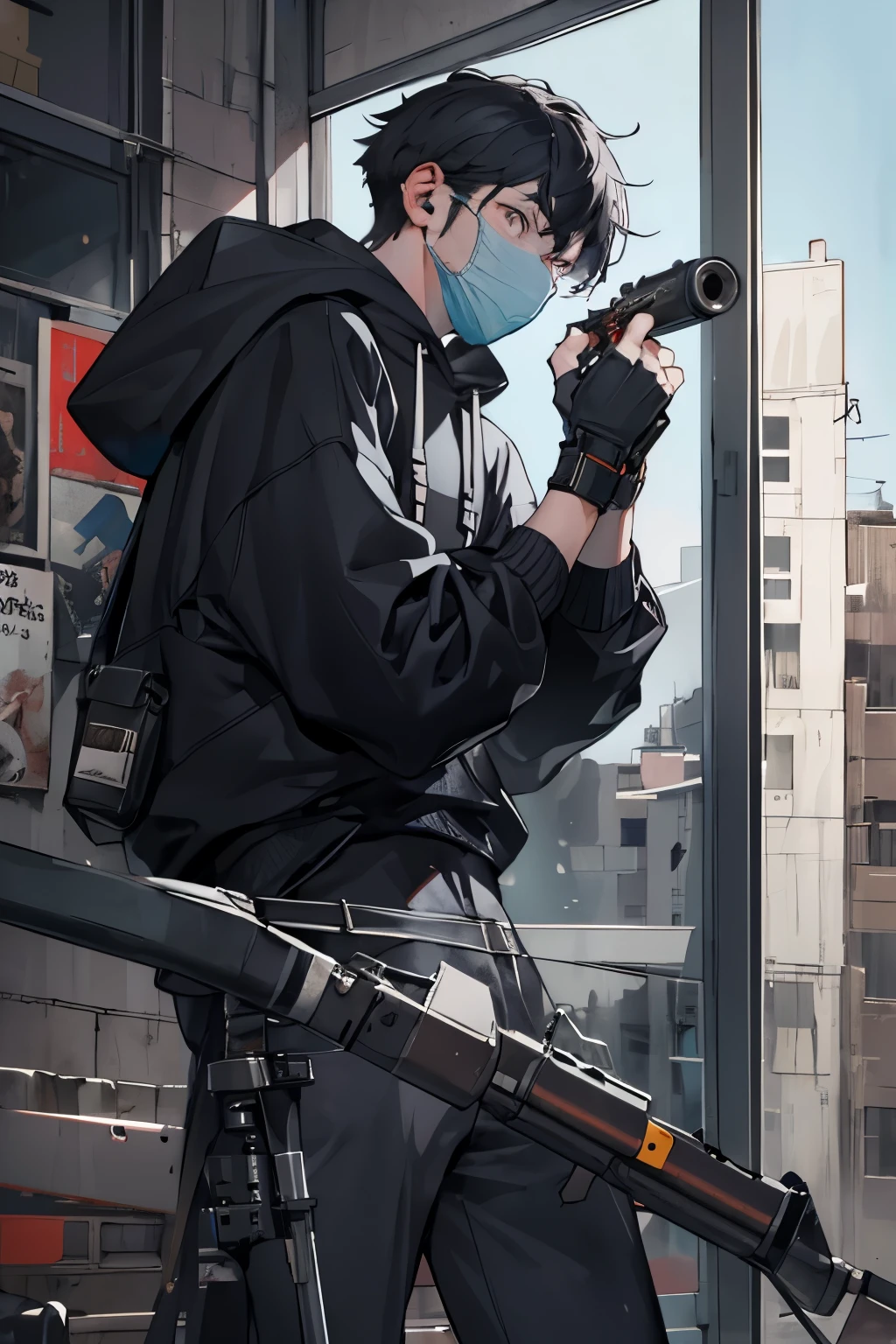 ((best quality)), ((masterpiece)), (detailed), The sniper (movie character), 1man(waering black hoody black suite and masker), male focus, solo, glowing, looking at the window, fingerless gloves, on the window at 13th floor, ready to shoots with his sniper riffles, positions standby to shoots from thw window to the next buildings.