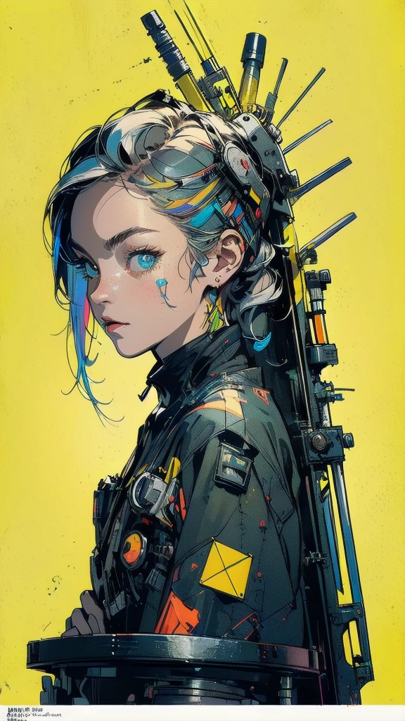 (((masterpiece, highest quality))),(((solo:1.2))),(((1girl:1.2))),32k wallpaper, very detailed, poster, vintage science fiction,(((((geometric cinematic movie poster))))), ((bauhaus)),(shape),(((abstract))),(mid century modern),movie poster,(((((portfolio))))),(((((Close-up))))),(((((bust up))))),((((more various angle)))),((((highlight)))),((((heterochromia)))),(((complete. detailed face))),((((Extremely talented)))),(((((most complecated futristic machine))))),(Colorful color scheme),(((detailed unlimited mechanic complete Equipment))),(((Absolutely DAISYyellow background))),