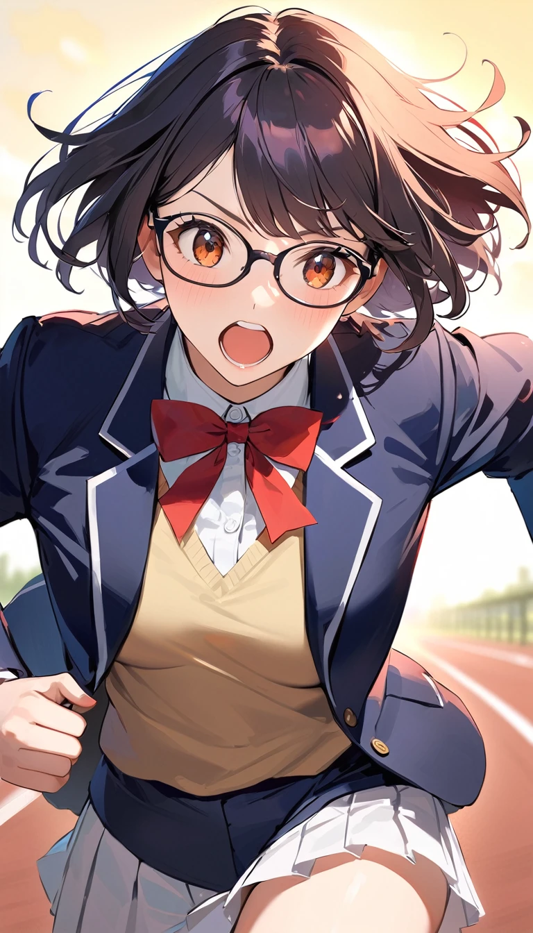 A high school girl with black short bob hair, Glasses,Red ribbon,wearing a navy blazer ,start running