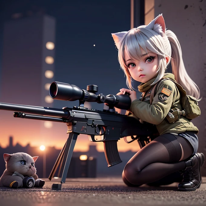 (Chibi Character:1.3), A silver-haired girl with cat ears wearing a military uniform, ponytail, mini skirt, See-through tights, Combat Boots, (Open the chest:1.3), Lying face down and looking at the viewer, Shoot the viewer with a sniper rifle, Skyscraper rooftop, A quiet night full of tension, Night city background, moonlight