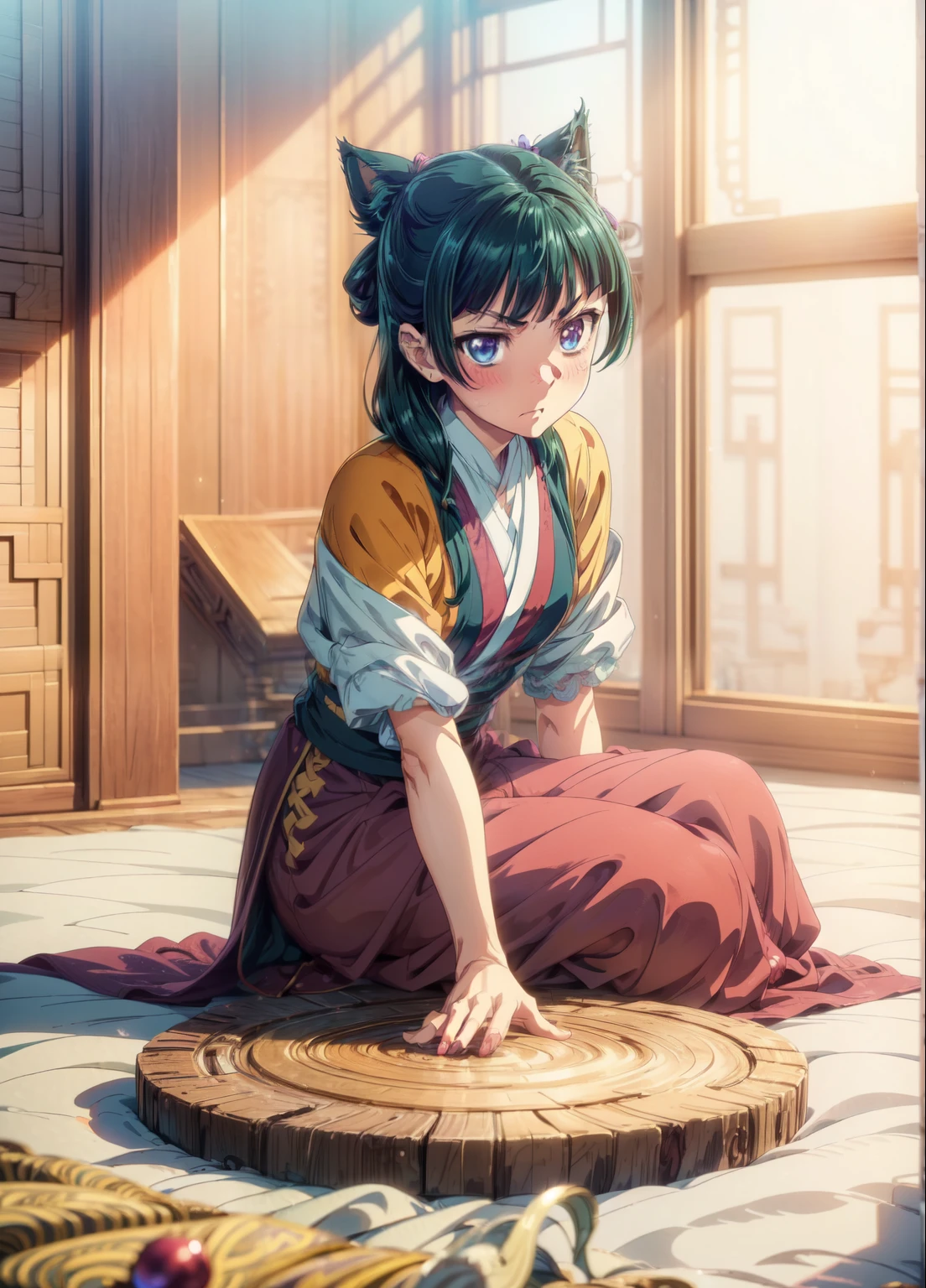 (Masterpiece, High Quality, Top quality, High-Detailed, Detailed CG, Cinematic Shadow, Cinematic Scene, Beautiful Detailed Eyes, Ultra Resolution, Depth of Field, High Resolution, Masterpiece: 1.2), Anime art style, Very detailed, Dynamic Angle, Style, Detailed Green Hair, Detailed Blue Eyes, Slim Body, Cat Ear, Sparkling Eyes, Hair Accessory, Earrings, Slightly Blunt Bangs, Looking at the Audience, (Blush Expression:1.2), (Angry Expression:1.2), (Dark Green Hair), Purple Eye, Five Fingers, Good Composition, Arms, Thighs, Medium Breasts, Medium Size Breasts, Blur Background, Chinese Architectures