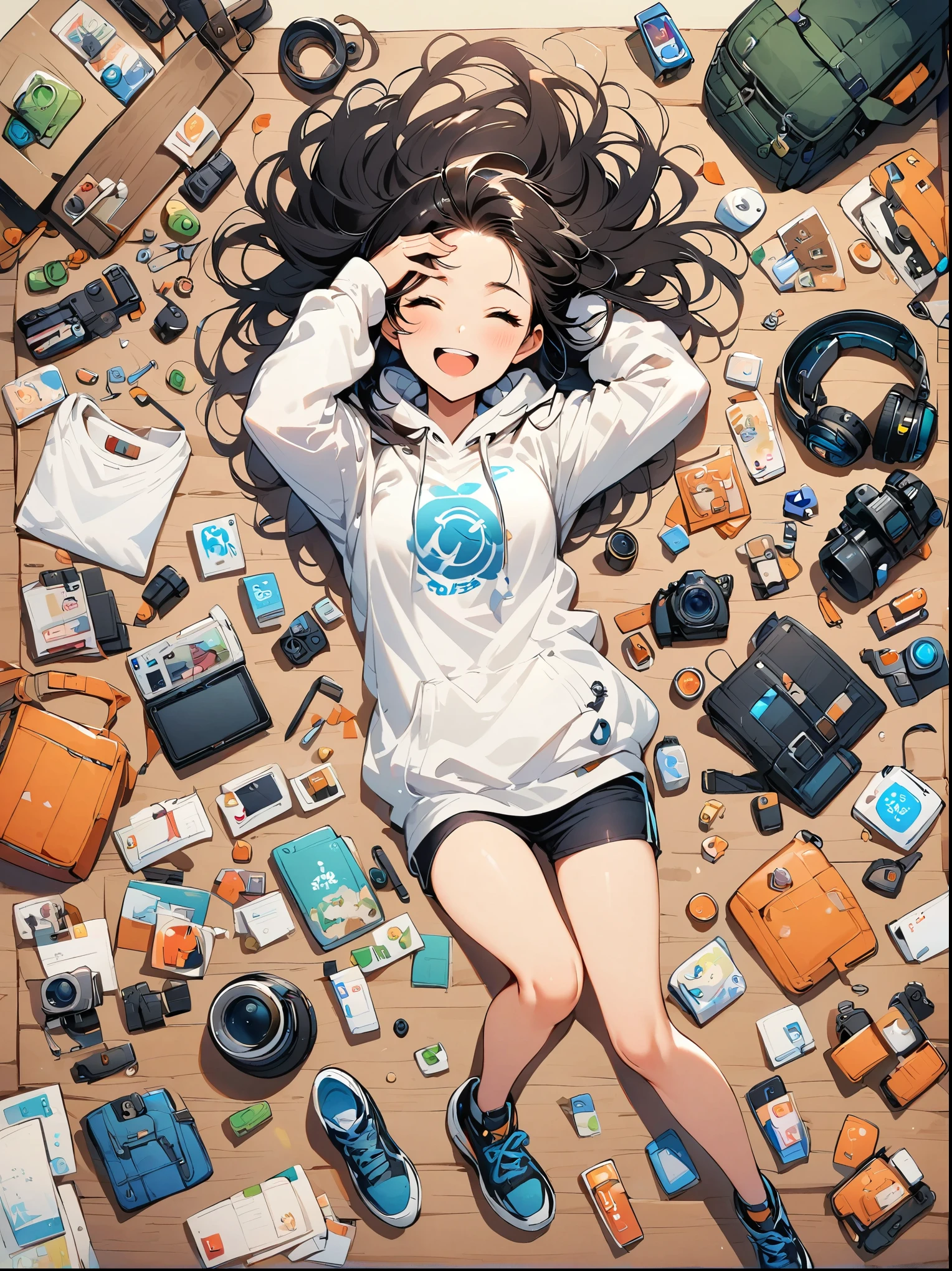 Asian face young girl, laughing expressin, Perfect body, White hoodie, gear and accessories, knolling layout organized on a table, person,knolling, Cartoon, Simple Background