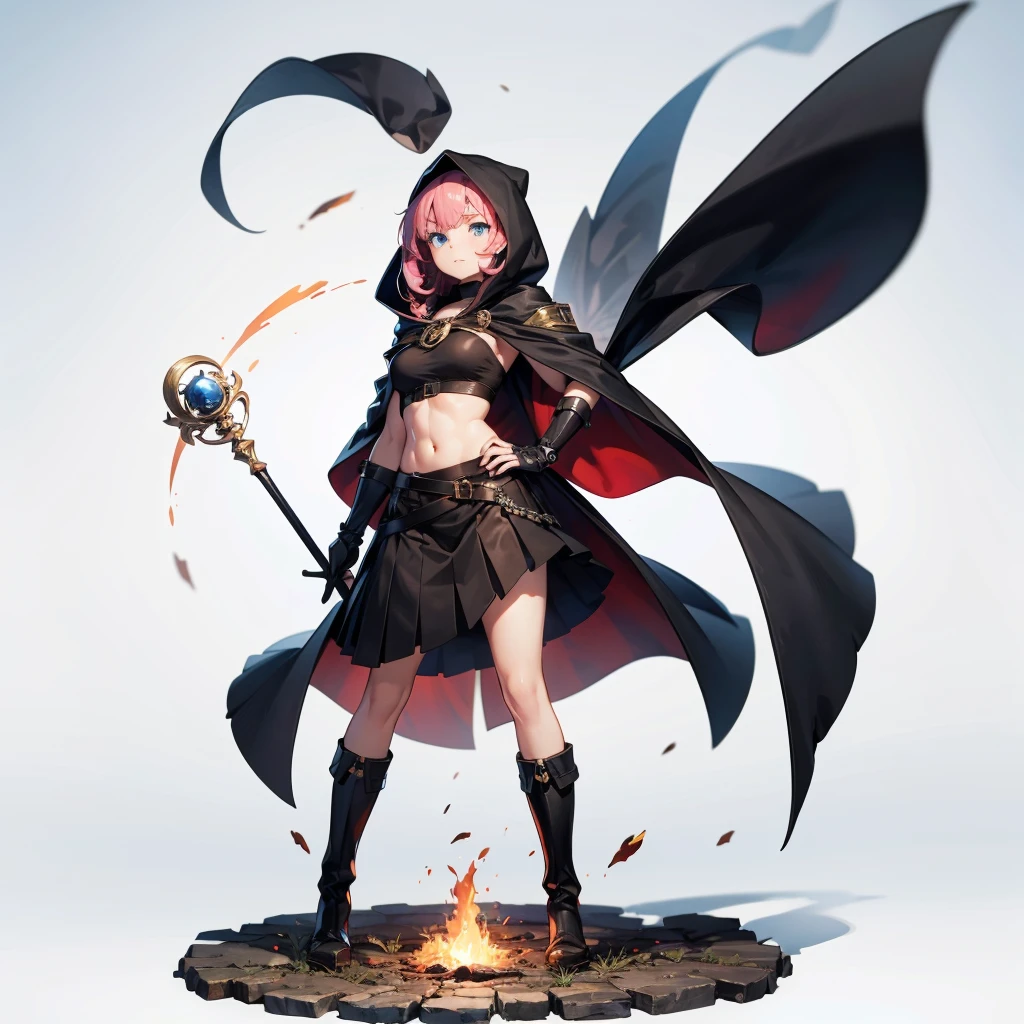 (Tabletop, Highest quality), (perfect athletic body: 1.2), (Thin Hair), Super Detailer, Anime Style, whole body, alone,Magical girl, Blue eyes, long straight pink and brown hair, Wearing a black cloak and a black and gold skirt, Wearing long boots, Burnt mechanical limbs, giant limbs, a burning hole in my chest, Standing in the Wilderness, 8K high resolution, White Background, whole body, Holding a giant magic wand in one hand, (（woman&#39;Blue Water&#39;Fist of））Bullish appearance