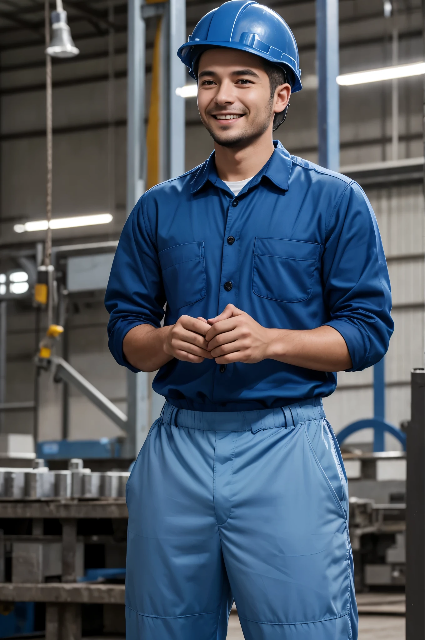 30 years old man, working in factory, Happy and smiling, working with pleasure and determination, fully body, stark, factory uniform, blue helmet, factory worker, machine operator, factory machinery. imagem full hd, 8k, perfect  skin, perfect face and eyes, perfect hand. photoshotgrafia, photoshot