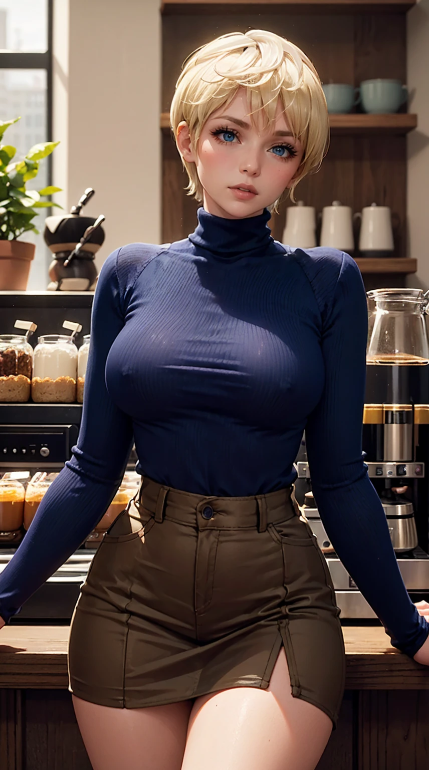 Beautiful short blonde hair woman is shown to have a sexy figure, she is wearing a nsfw turtleneck sweater and cute skirt, high socks,, choker, sexy look, blue eyes, girl in a coffee shop ,sexy session, sexy pose, cowboy shot, superior quality, many details, realistic