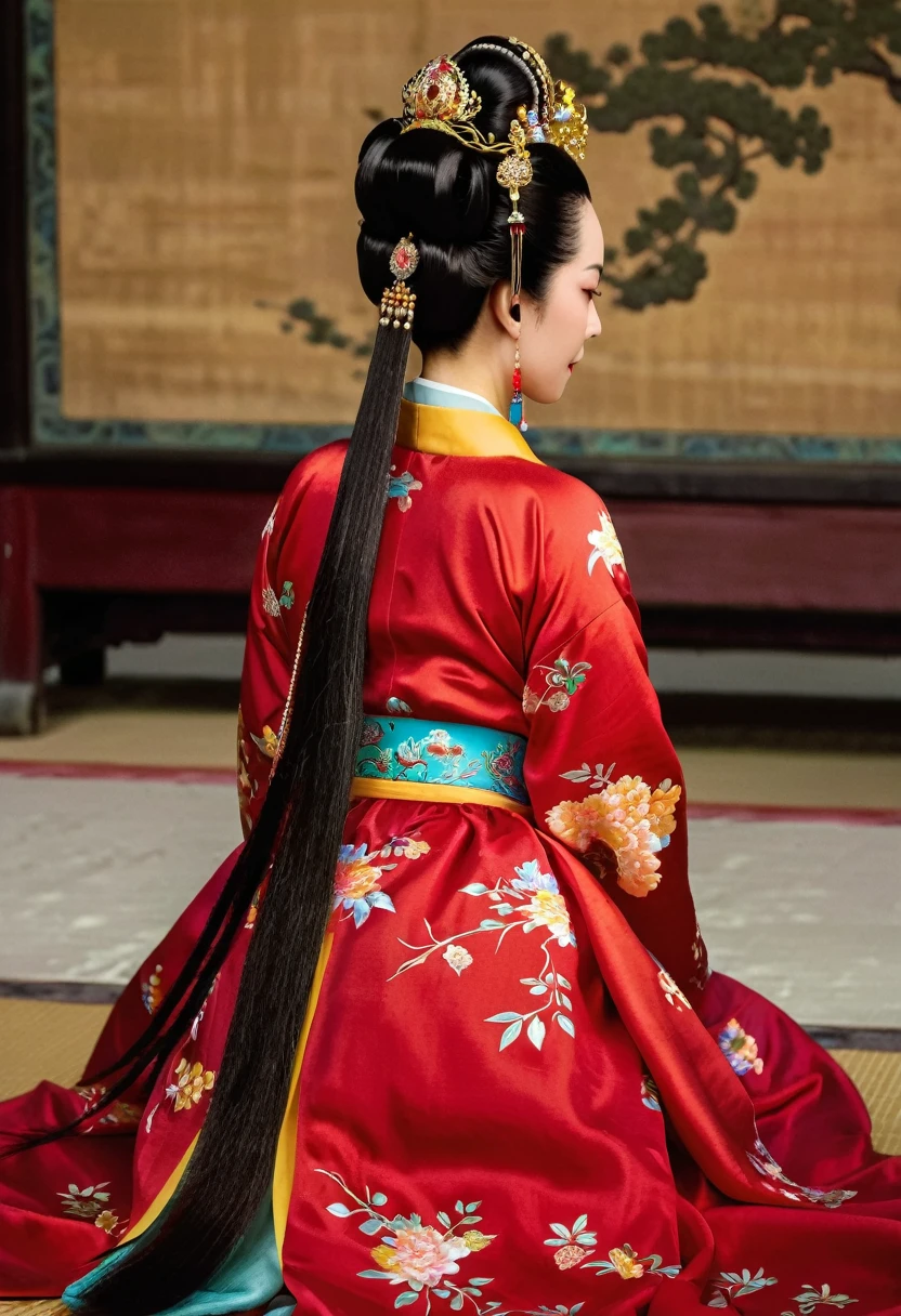 Full body view of Empress of the Qing Dynasty from behind, hairy pussy wearing red hanbok floral pattern and looking only at her big buttocks.
Nudity. The face of a Qing Dynasty woman on all fours in a Chinese drama shows
Her hair is parted from the center of her forehead to the left and right with a large crown of the empress of the capital city of China, tied up in the back, and her hair is tied up with ornamental hair, and the outer stone tatami of the Chinese palace of the Qing Dynasty.