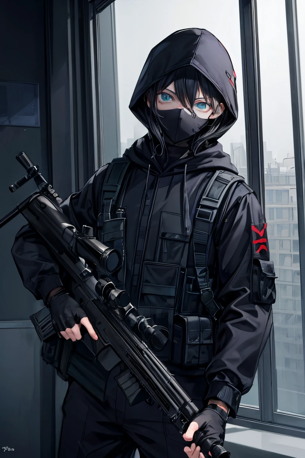 ((best quality)), ((masterpiece)), (detailed), The sniper (movie character), 1man(waering black hoody black suite and masker), male focus, solo, glowing, looking at the window, fingerless gloves, on the window at 13th floor, ready to shoots with his sniper riffles, positions standby to shoots from thw window to the next buildings.