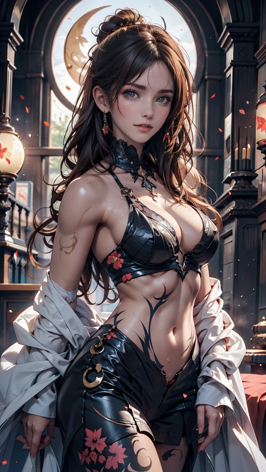 A woman with body paint featuring half sun and half moon patterns、Standing on the border between day and night