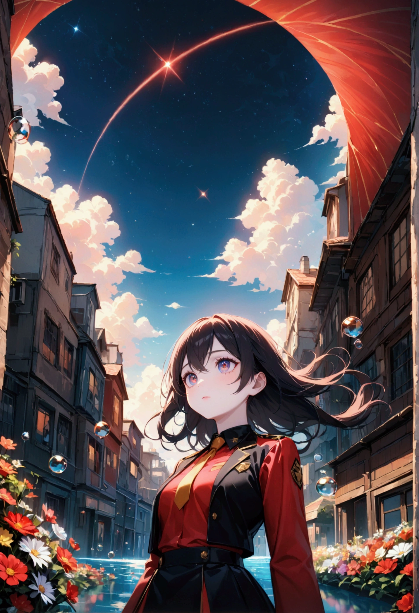 female\(student, age of 15, JK, short silver floating hair, cosmic colored eyes, black color uniform of school, pale skin, tired face with no shine in the eyes\) is looking up at the sky, (many shiny red scale goldfishes are swimming in the air), (crystal clear bubbles as if underwater are shining here and there in the sky), beautiful sky, beautiful clouds, there are puddles at ground and the landscape is reflecting beautifully, Looking up from the narrow back alley of a messy downtown to the wide open sky, summery colorful flowers are blooming here and there, you can see the flowing wind shining, there is the noonday moon and noonday stars in the sky,from below, BREAK ,quality\(8k,wallpaper of extremely detailed CG unit, ​masterpiece,hight resolution,top-quality,top-quality real texture skin,hyper realisitic,increase the resolution,RAW photos,best qualtiy,highly detailed,the wallpaper,cinematic lighting,ray trace,golden ratio\),long view