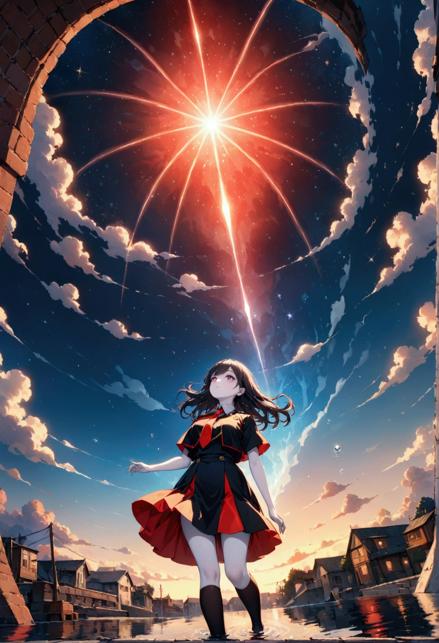 female\(student, age of 15, JK, short silver floating hair, cosmic colored eyes, black color uniform of school, pale skin, tired face with no shine in the eyes\) is looking up at the sky, (many shiny red scale goldfishes are swimming in the air), (crystal clear bubbles as if underwater are shining here and there in the sky), beautiful sky, beautiful clouds, there are puddles at ground and the landscape is reflecting beautifully, Looking up from the narrow back alley of a messy downtown to the wide open sky, summery colorful flowers are blooming here and there, you can see the flowing wind shining, there is the noonday moon and noonday stars in the sky,from below, BREAK ,quality\(8k,wallpaper of extremely detailed CG unit, masterpiece,hight resolution,top-quality,top-quality real texture skin,hyper realisitic,increase the resolution,RAW photos,best qualtiy,highly detailed,the wallpaper,cinematic lighting,ray trace,golden ratio\),long view