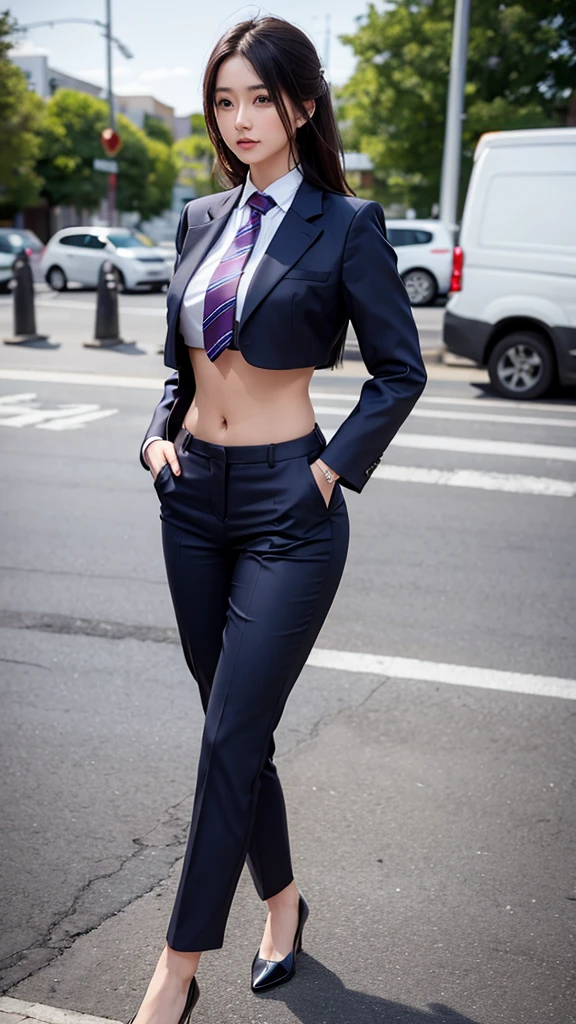 Woman in professional crop top, suit, trousers, Walk to work, Show your belly, Realistic navel shape, necktie, bow