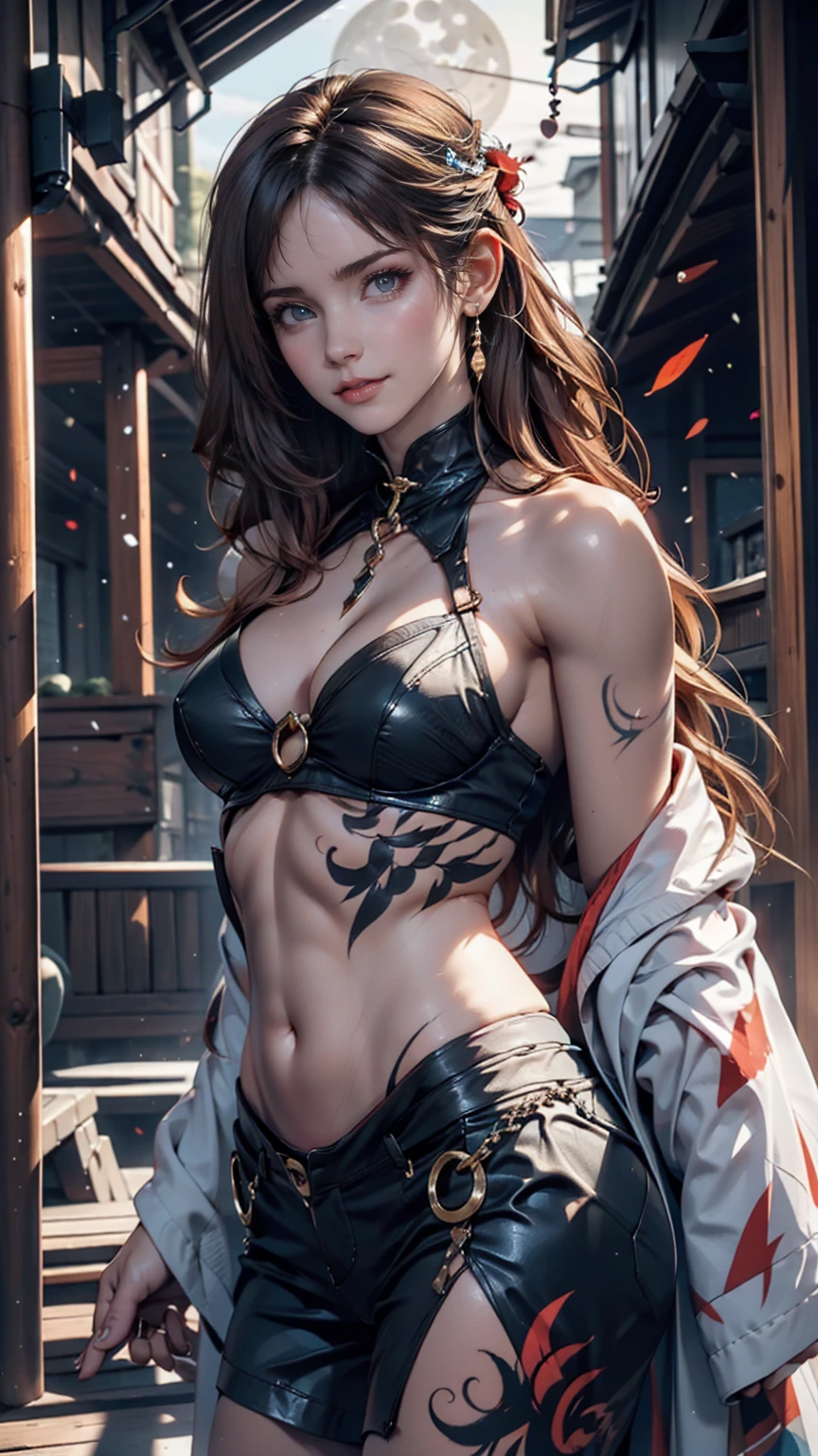 A woman with body paint featuring half sun and half moon patterns、Standing on the border between day and night