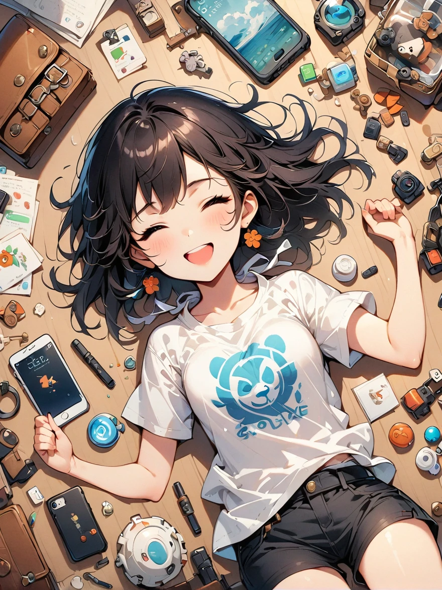 Asian face girl, laughing expressin, Perfect body, White shirt、Age 25, gear and accessories, knolling layout organized on a table, person,knolling, Cartoon, Simple Background