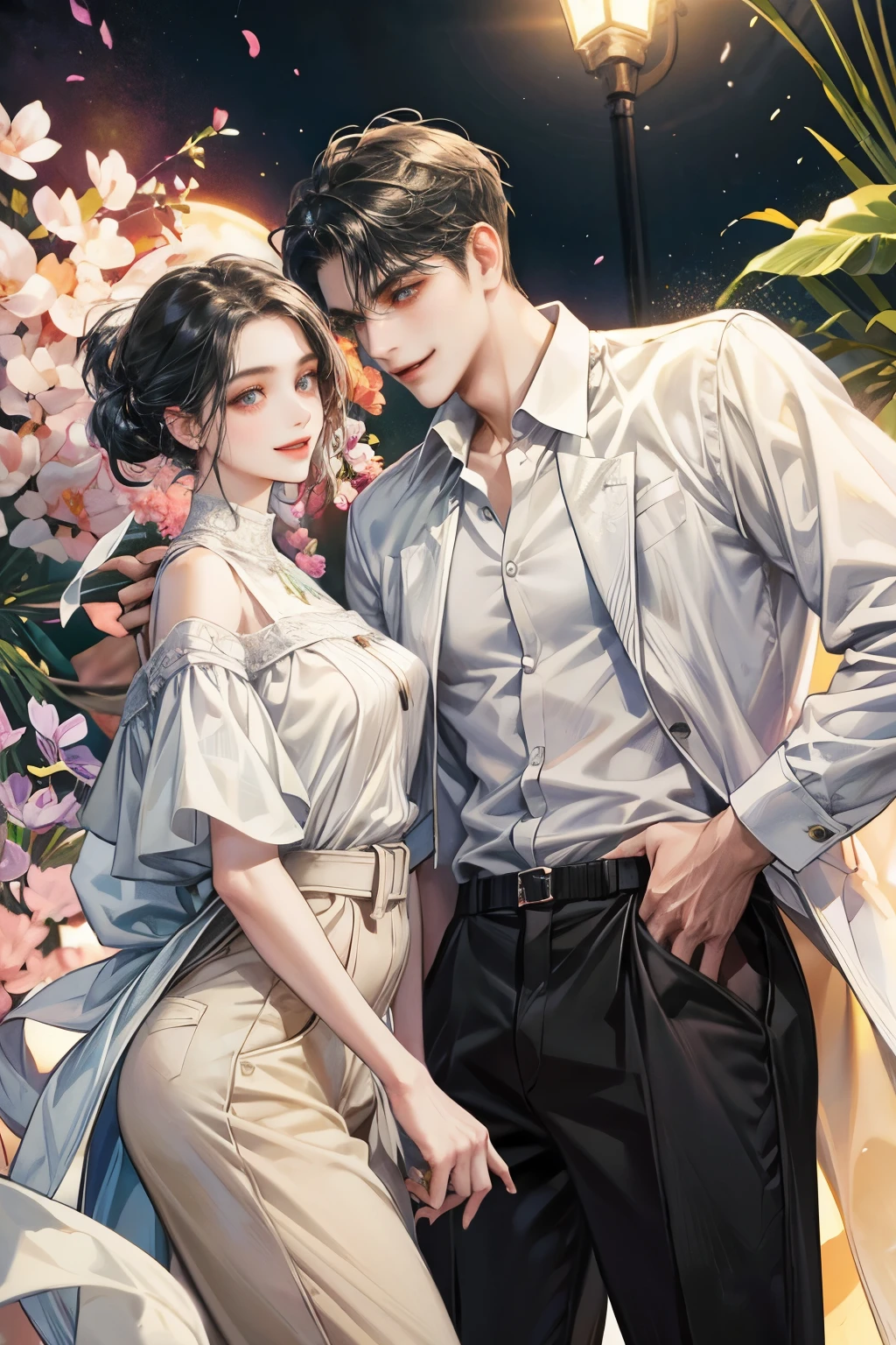 modren beautiful twin man and woman, tomboy, black hair, family, brother and big sister, long pants and shirt, paly video game together, smiling, joyful, colorful shade, Masterpiece, hi-quality, soft light
