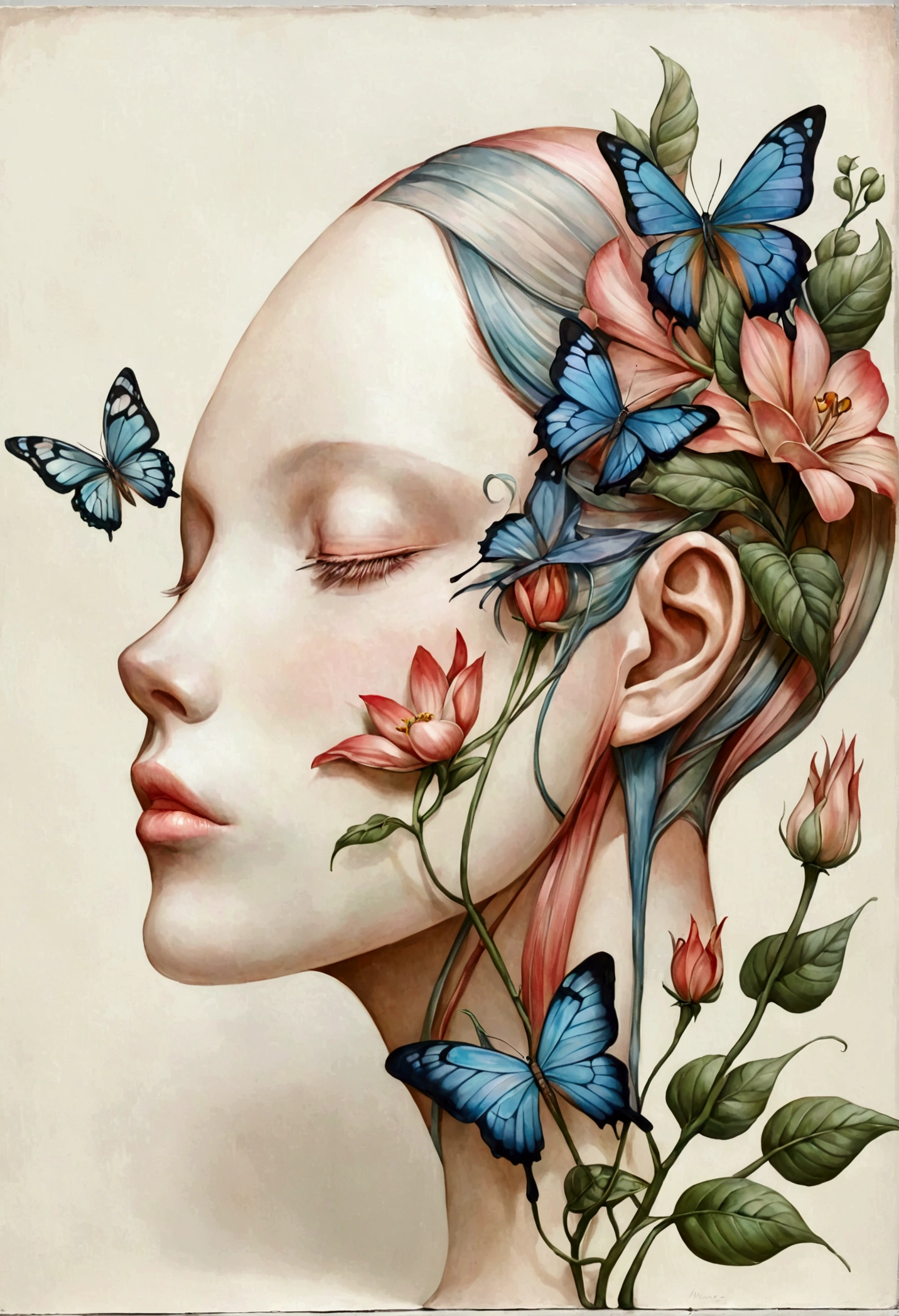 Colored lead painting simple illustration:Inspired by Marco Mazzoni,Profile portrait - head up,bird、Butterfly、Plants and flowers。