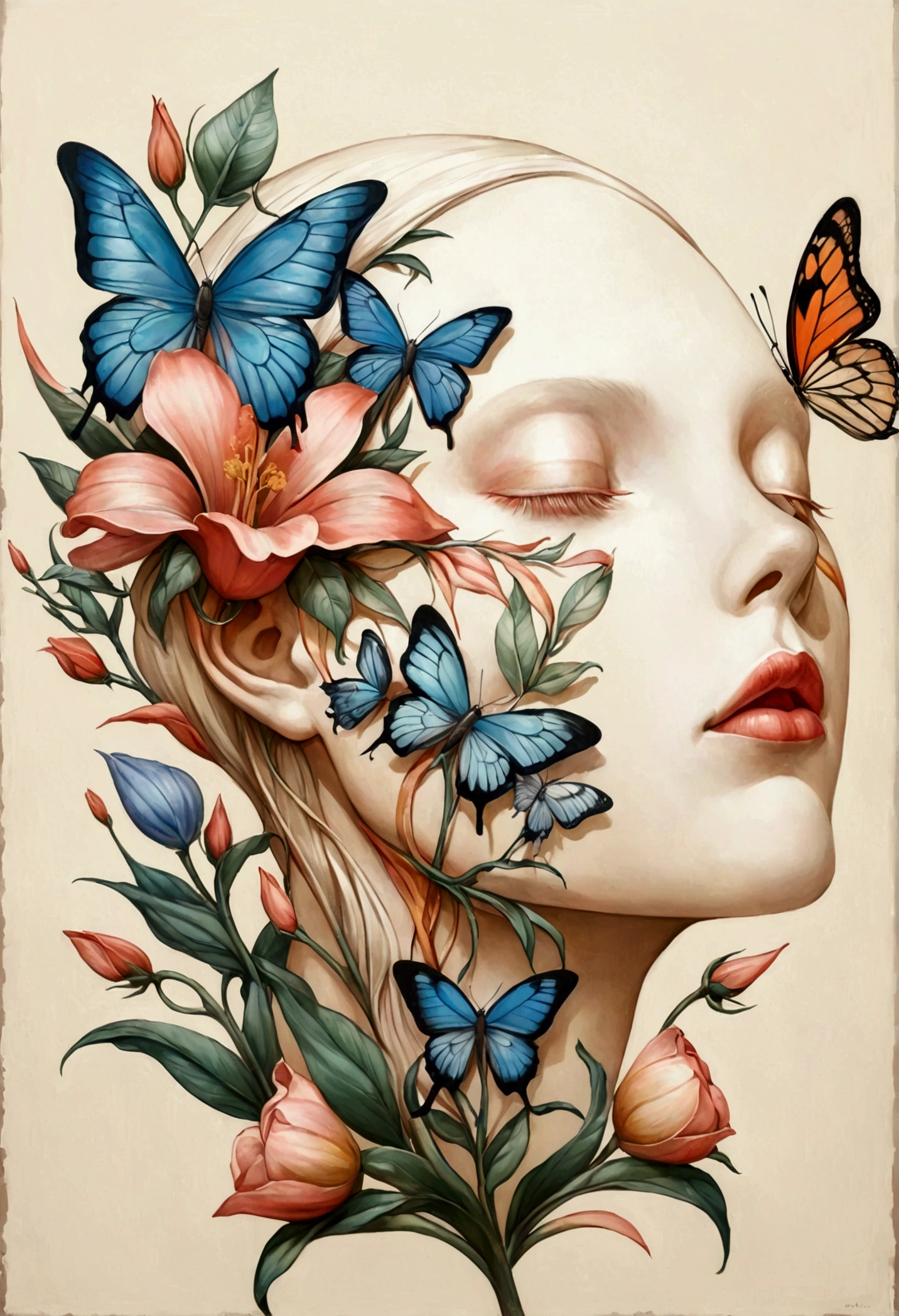 Colored lead painting simple illustration:Inspired by Marco Mazzoni,Profile portrait - head up,bird、Butterfly、Plants and flowers。