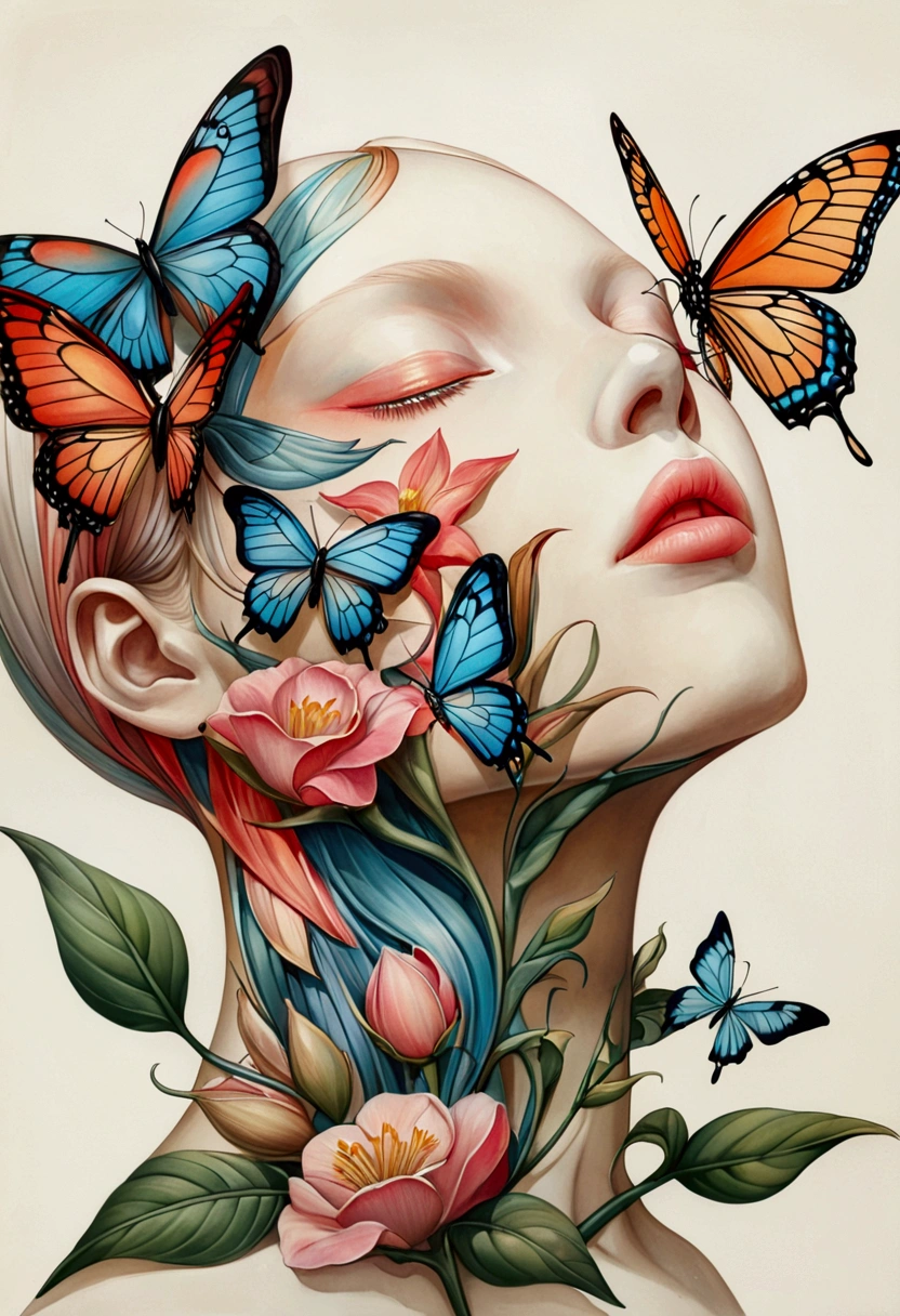 Colored lead painting simple illustration:Inspired by Marco Mazzoni,Profile portrait - head up,bird、Butterfly、Plants and flowers。