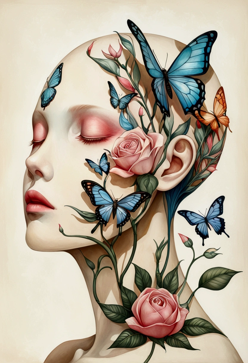 Colored lead painting simple illustration:Inspired by Marco Mazzoni,Profile portrait - head up,bird、Butterfly、Plants and flowers。