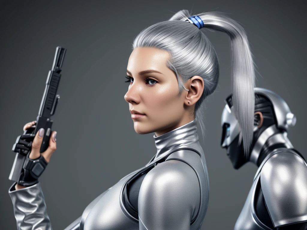 there is a woman with a gun in a video game, silver hair (ponytail), cyborg - girl with silver hair