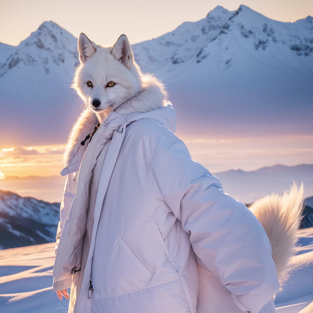 Furry male white fox with bright pupils standing wearing cotton jacket snowy mountains sunset