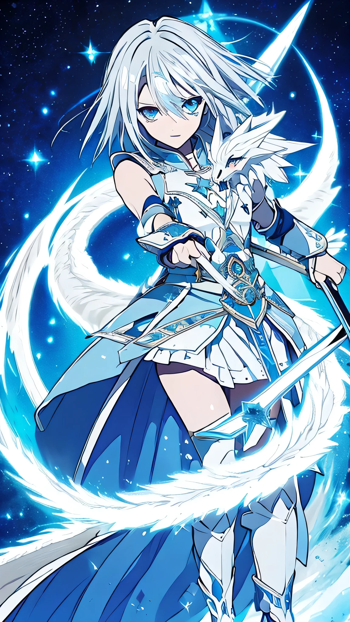 Blue eye, white hair, Ride a white dragon, soft, Blue star-shaped sword, star effect, fantasy, anime,girl