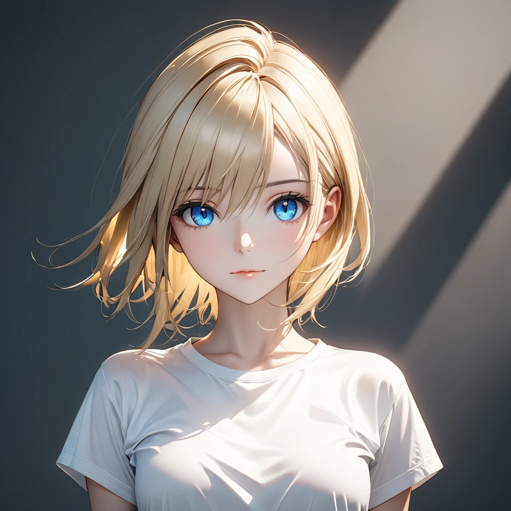 portrait, blue eyes, Blonde hair, Mid-chest, 4K resolution, Soft Light, Octane Rendering, white t-shirt, front, direct gaze, frontal view, straight angle shot
