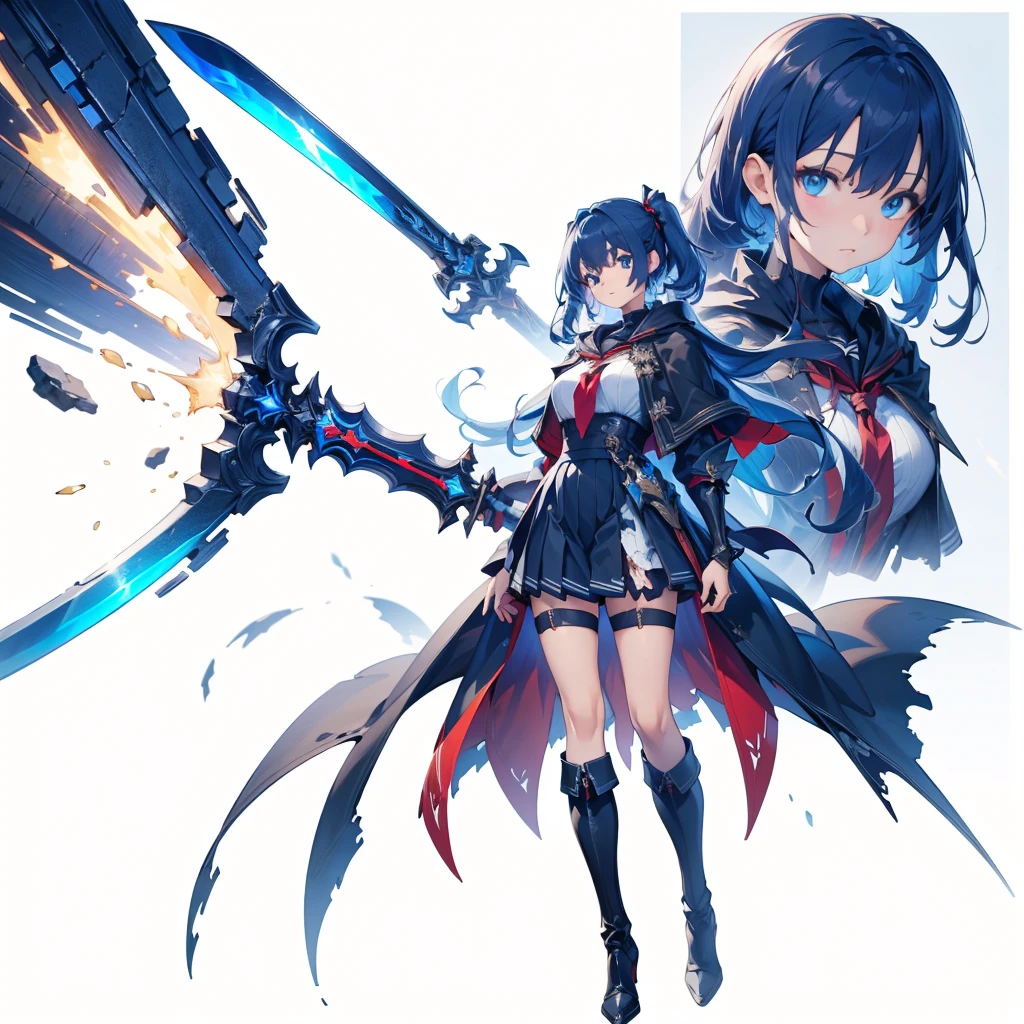 (masterpiece, Highest quality), (Thin Hair), 非常にdetailedな, Anime Style, whole body, alone, Black sailor suit and black pleated skirt, Vampire Hunter、Huge black and red sword、 She has blue and white hair and brown skin, and wears a tattered black cloak and a black and red skirt. 、High Boots,Floating in the blue sky, High heel boots, 8K high resolution, White Background, whole body,Super huge、detailed、dynamic、