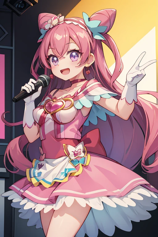 insanely detailed, absurdres, ultra-highres, ultra-detailed, best quality,
1girl, solo, nice hands, perfect hands
BREAK
(nsfw:-1.5),
bow, jewelry, earrings, cone hair bun, hair bow, purple eyes, red bow,shiny hair, hairband, collarbone, magical girl, heart brooch, dress, pink choker, short dress, skirt, white apron, two side up, brooch, miniskirt,
BREAK
happy smile, laugh, open mouth, (standing, singing, dancing, holding microphone:1.4)
BREAK
from side,
cute pose, cowboy shot
BREAK
slender, kawaii, perfect symmetrical face, ultra cute girl, ultra cute face, ultra detailed eyes, ultra detailed hair, ultra cute, ultra beautiful
BREAK
indoors, concert hall, idol live, crowded audience
BREAK
medium large breasts
BREAK
Cure Precious, long hair, white gloves, pink hair, bow, jewelry, earrings, cone hair bun,