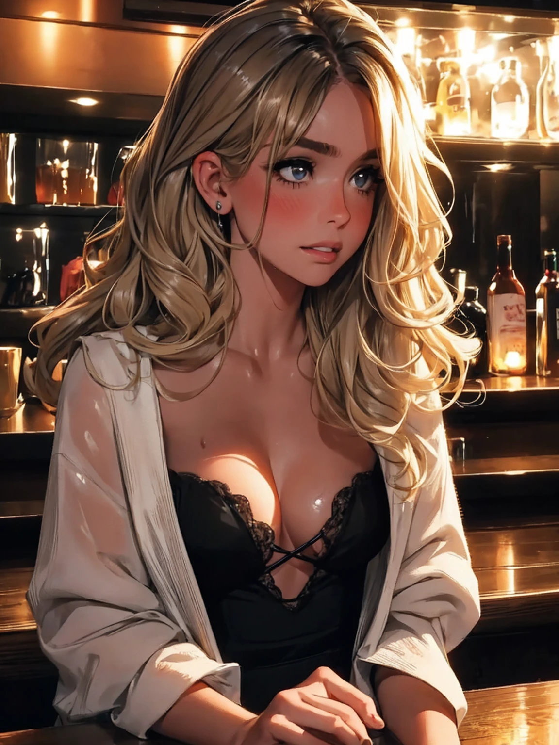 girl at a nightclub sitting at bar, eyeliner (masterpiece) (best quality) (detailed) (8k) (HDR) (wallpaper) (cinematic lighting) (sharp focus) (intricate) wavy blonde hair, biting lip, medium hair, slutty outfit, sexy, blush, aroused, cleavage, shiny , wet skin, girl, dark makeup, acting flirty, tucking hair behind ear
