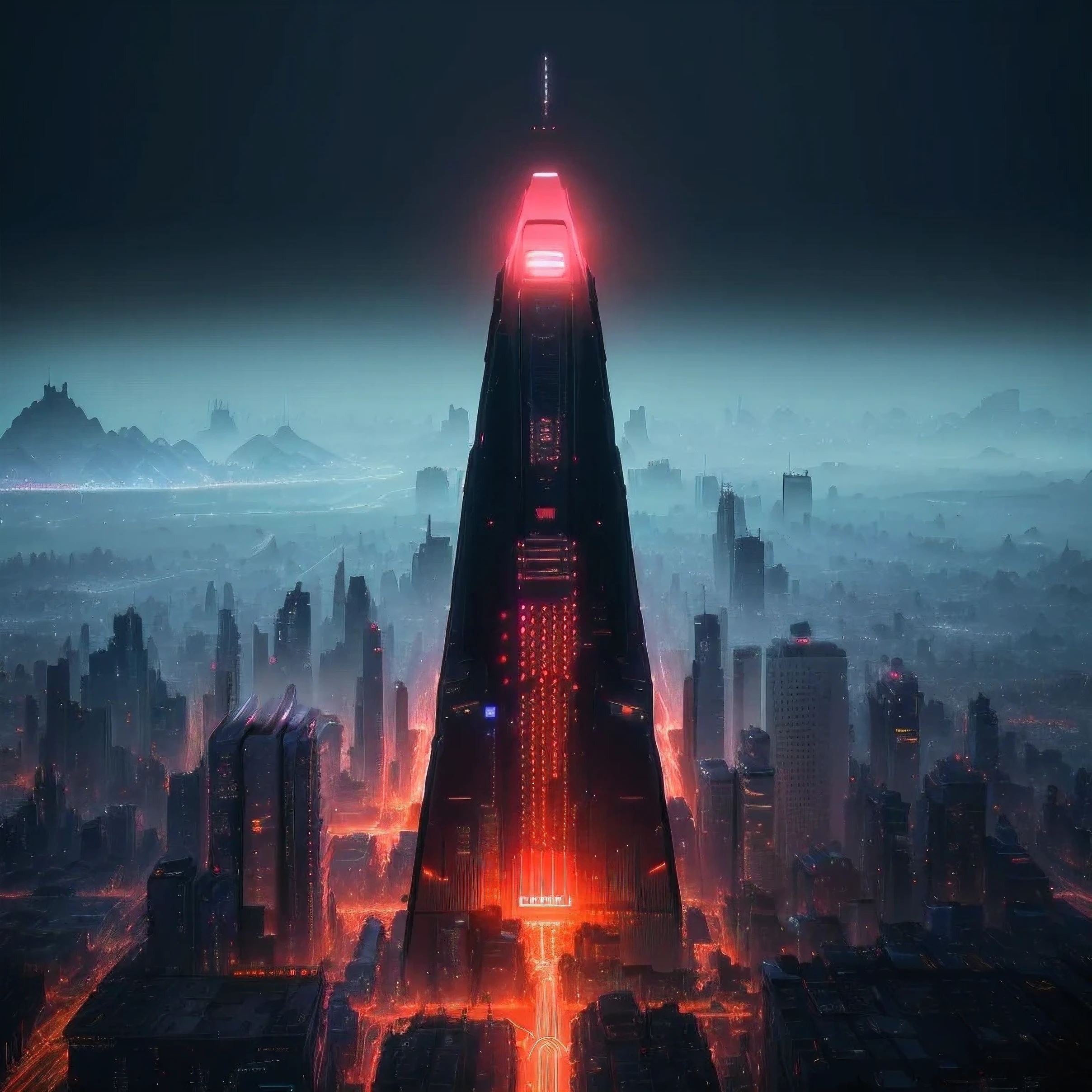 arafed view of a city at night with a red light, beeple global illumination, artgem and beeple masterpiece, beeple |, cinematic beeple, by Beeple, beeple artwork, inspired by Mike "Beeple" Winkelmann, beeple and mike winkelmann, beeple style