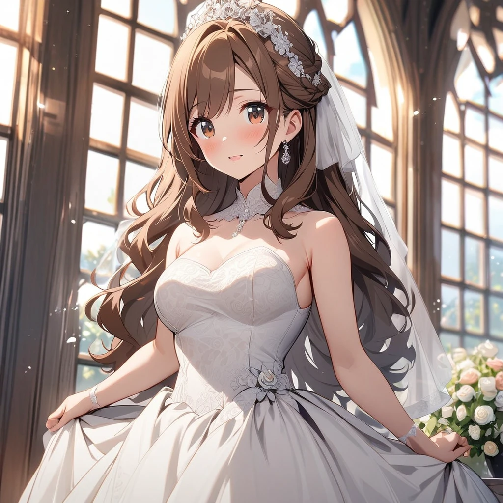 Solo, 1girl, Long Hair, brown hair, brown eyes, cute, mature, high detail, wedding dress, double plait hair