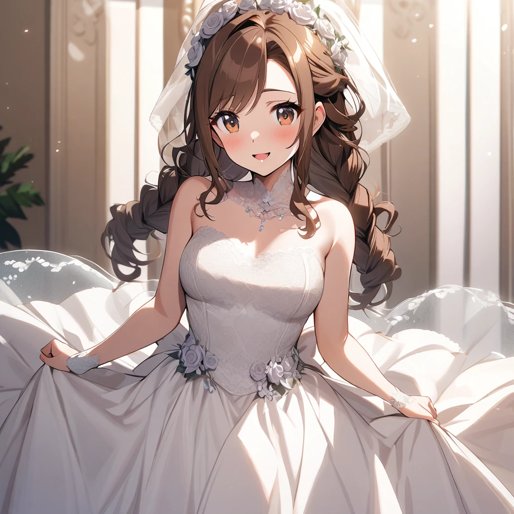 Solo, 1girl, Long Hair, brown hair, brown eyes, cute, mature, high detail, wedding dress, double plait hair